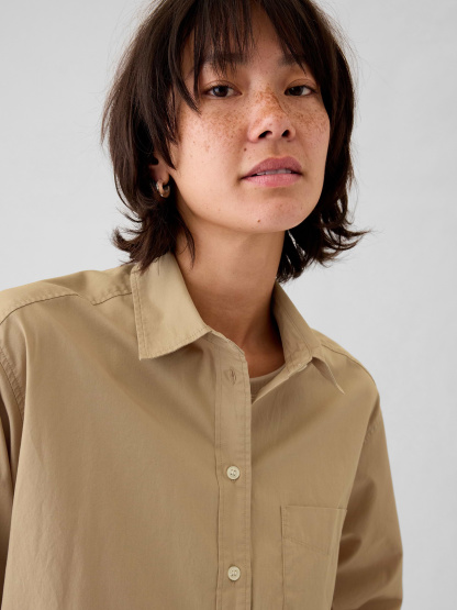 Organic Cotton Poplin Stripe Big Shirt - khaki tan