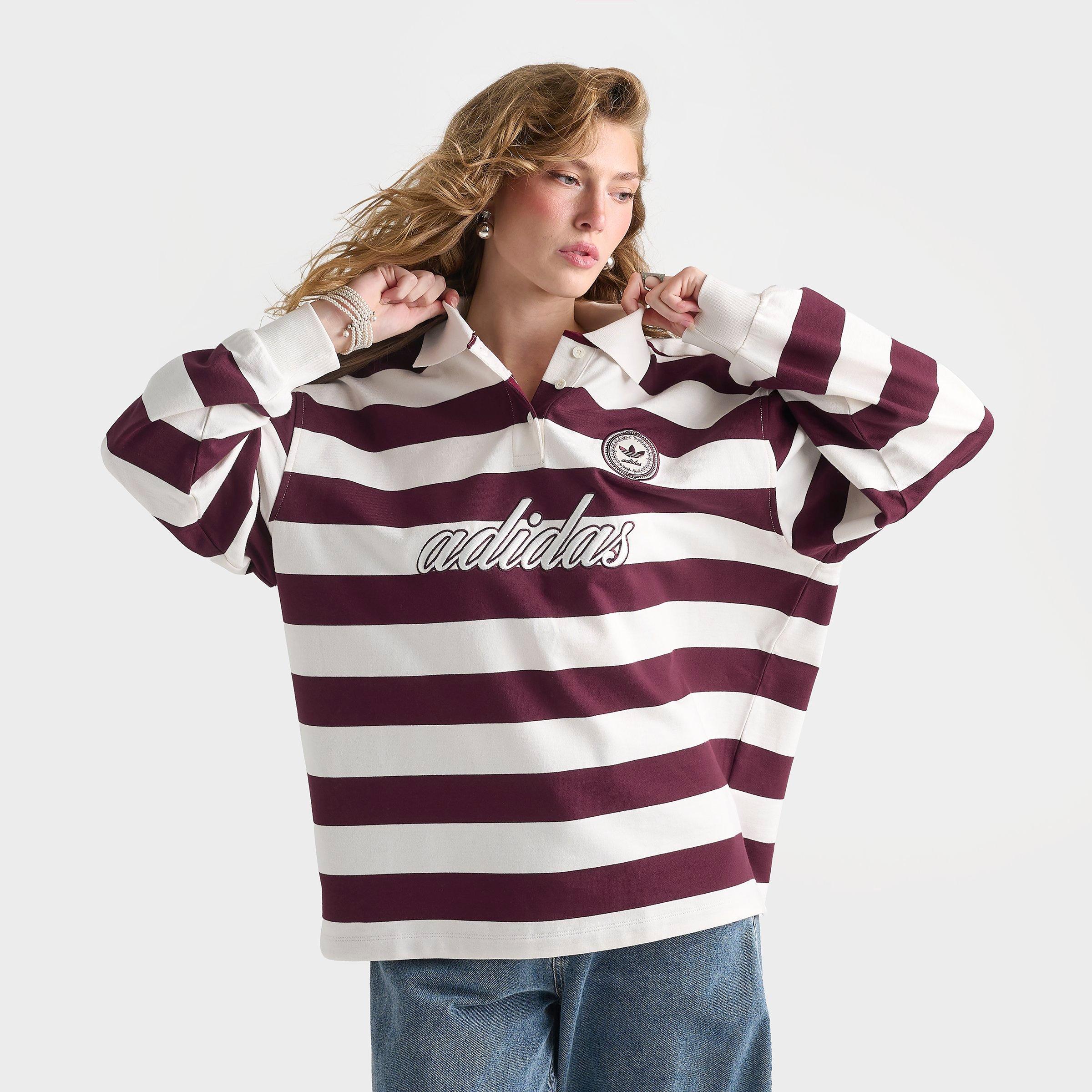 Women's adidas Originals Rugby Stripe Long-Sleeve Oversized Shirt - Maroon/Off White