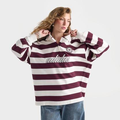 Women's adidas Originals Rugby Stripe Long-Sleeve Oversized Shirt - Maroon/Off White