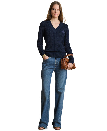 Lauren Ralph Lauren Women's Long-Sleeve V-Neck Cable Knit Sweater - Lauren Navy