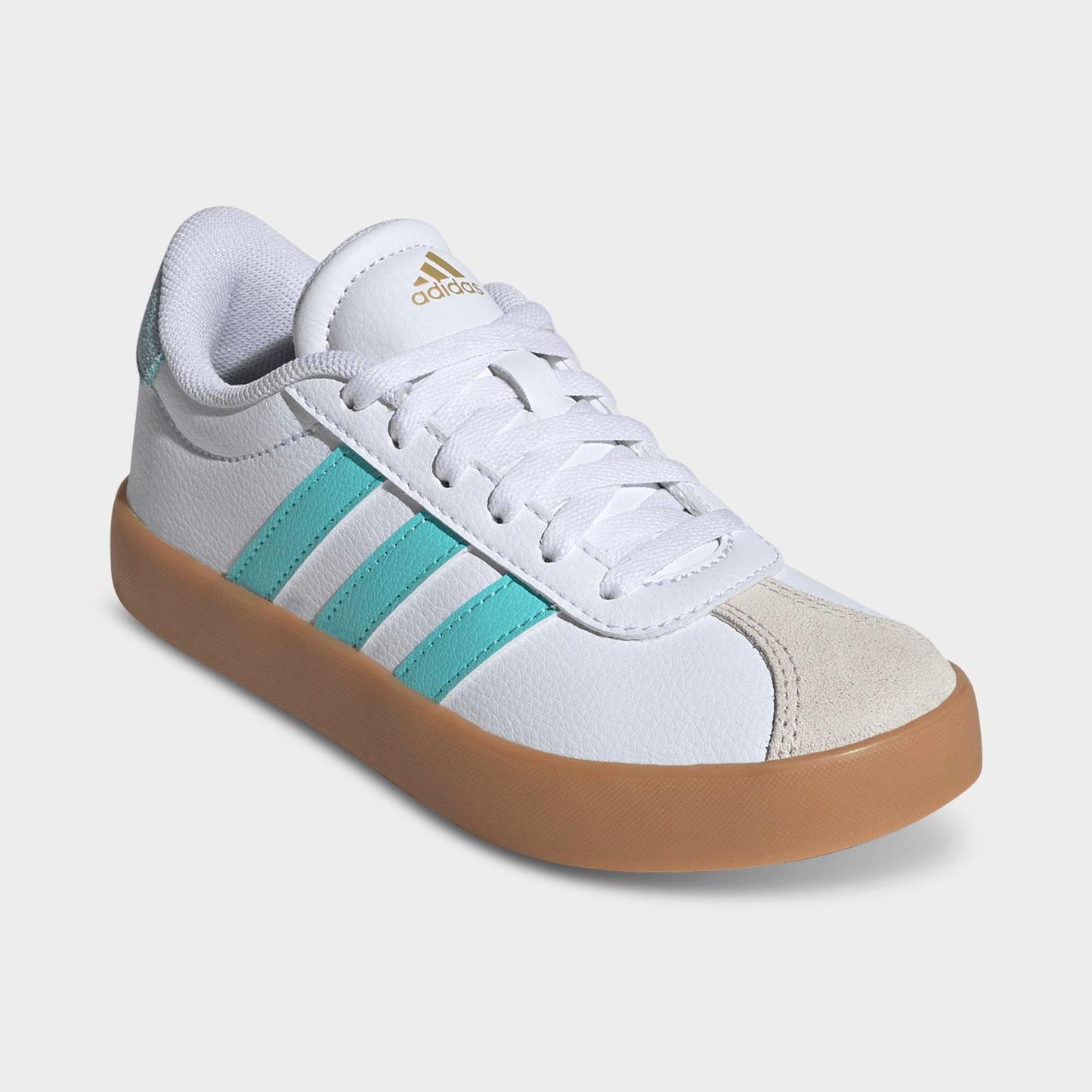 Big Kids' adidas VL Court 3.0 Skateboarding Casual Shoes - Cloud White/Flash Aqua/Alumina - Both shoes facing left