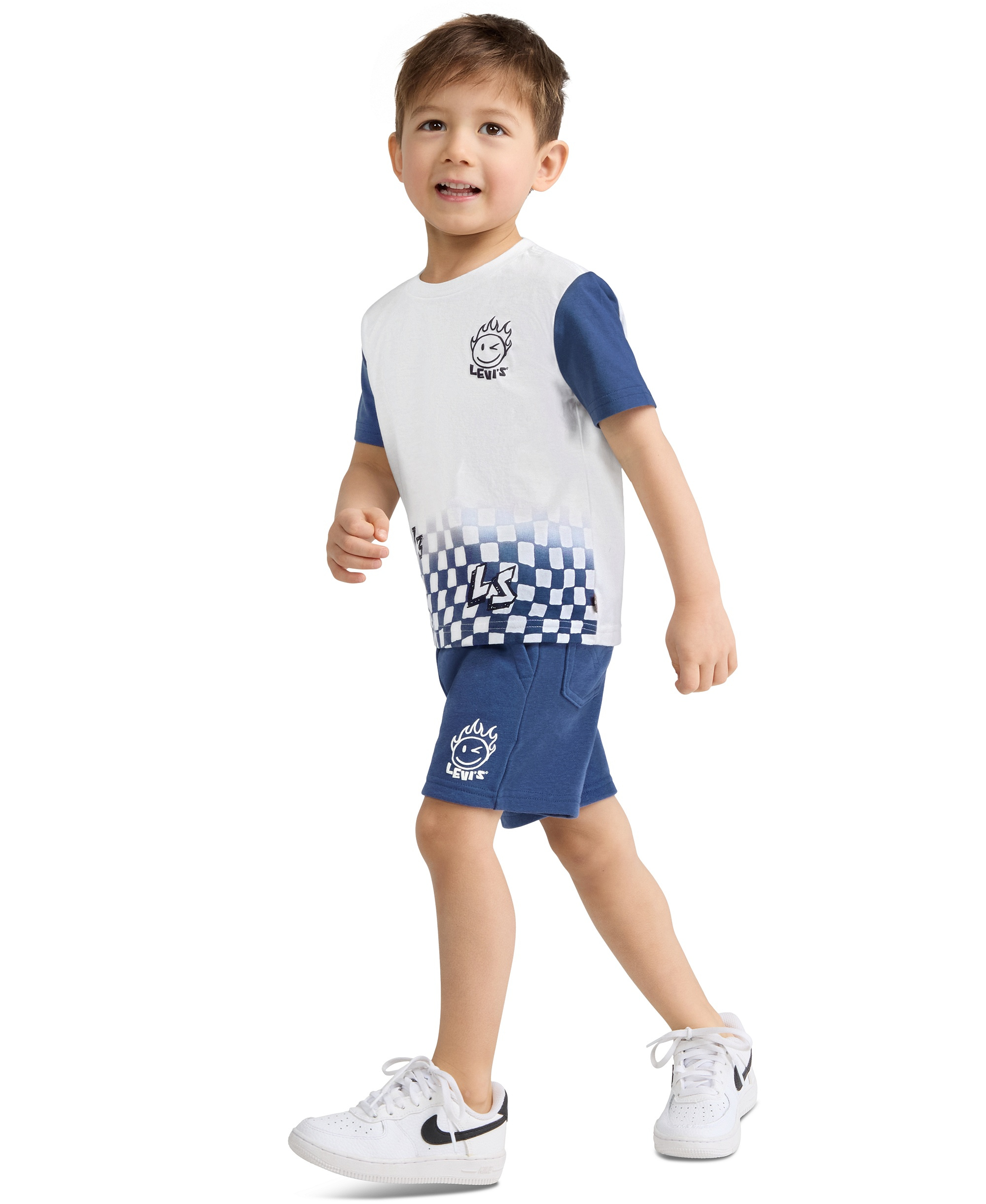 Levi's Boys' 2T-7 Smiley Check T-Shirt and Shorts, 2-Piece Set - Bright White/Blue