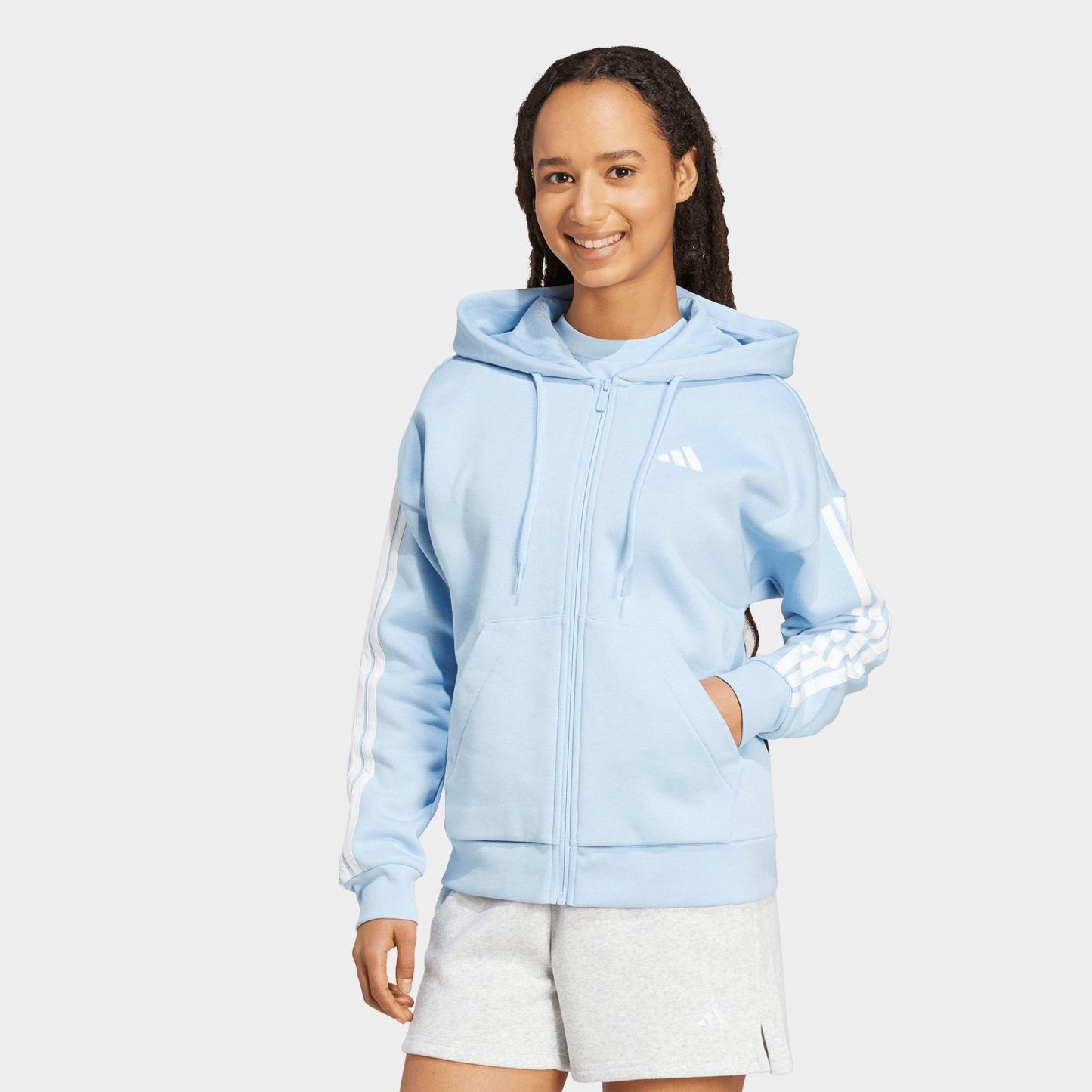 Women's adidas Essentials 3-Stripes Fleece Full-Zip Hoodie - Glow Blue/White