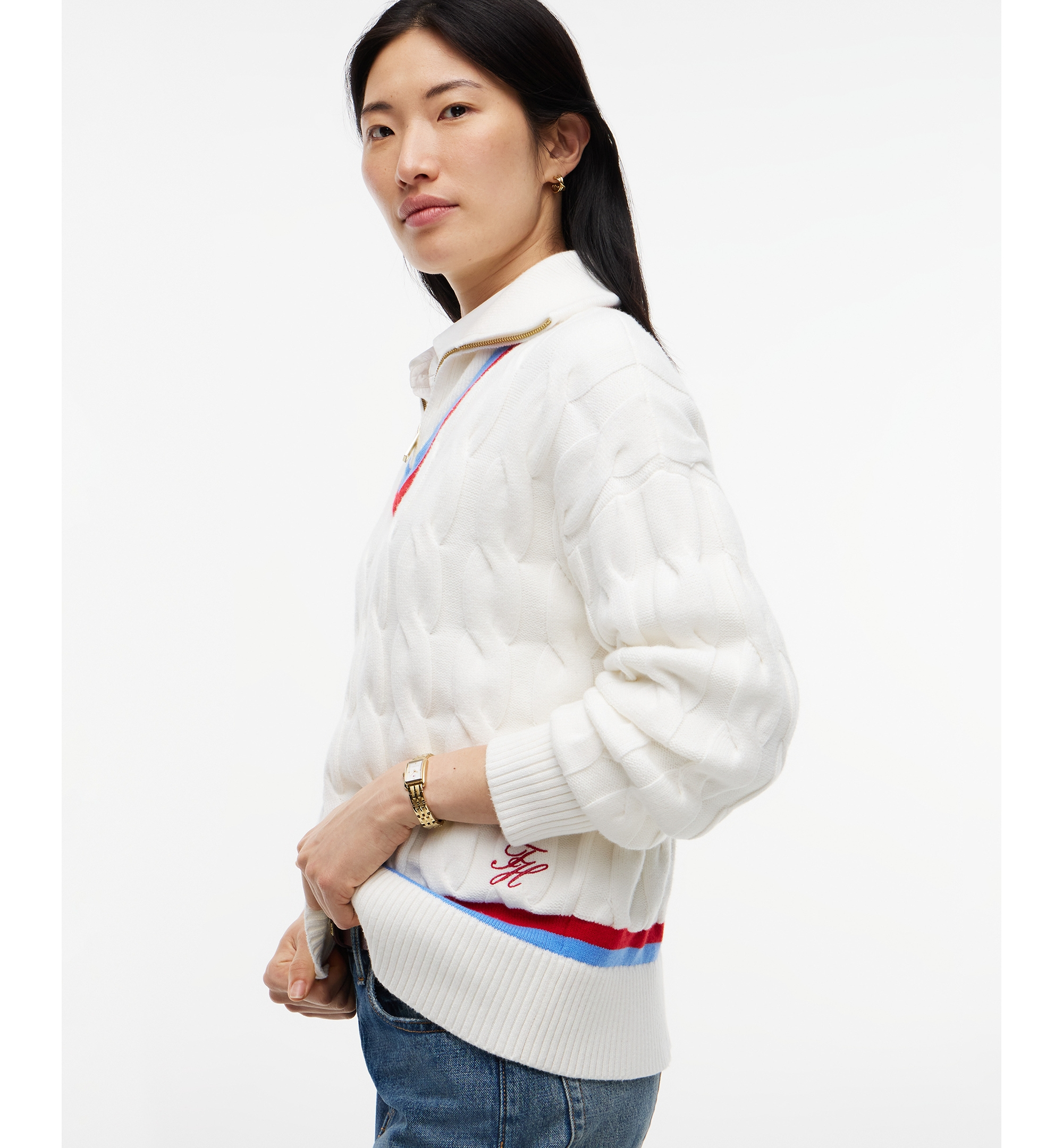 Tommy Hilfiger Women's Cable Half Zip Cricket Turtleneck Relaxed-Fit Sweater - Ecru