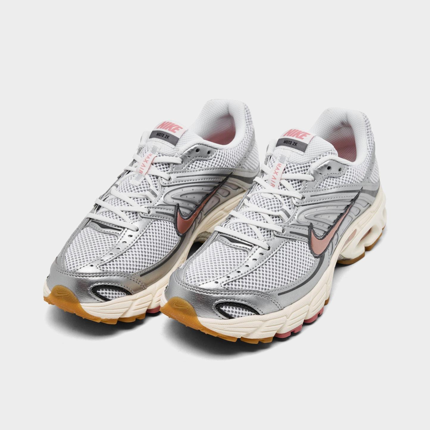 Women's Nithtke Air Max Moto 2K Casual Shoes - Part 4 - White/Metallic Silver/Metallic Dark Grey/Metallic Red Bronze - Both shoes facing left