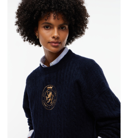 Tommy Hilfiger Women's Cable-Knit Crewneck Embroidered Crest Sweater - Dark Blue