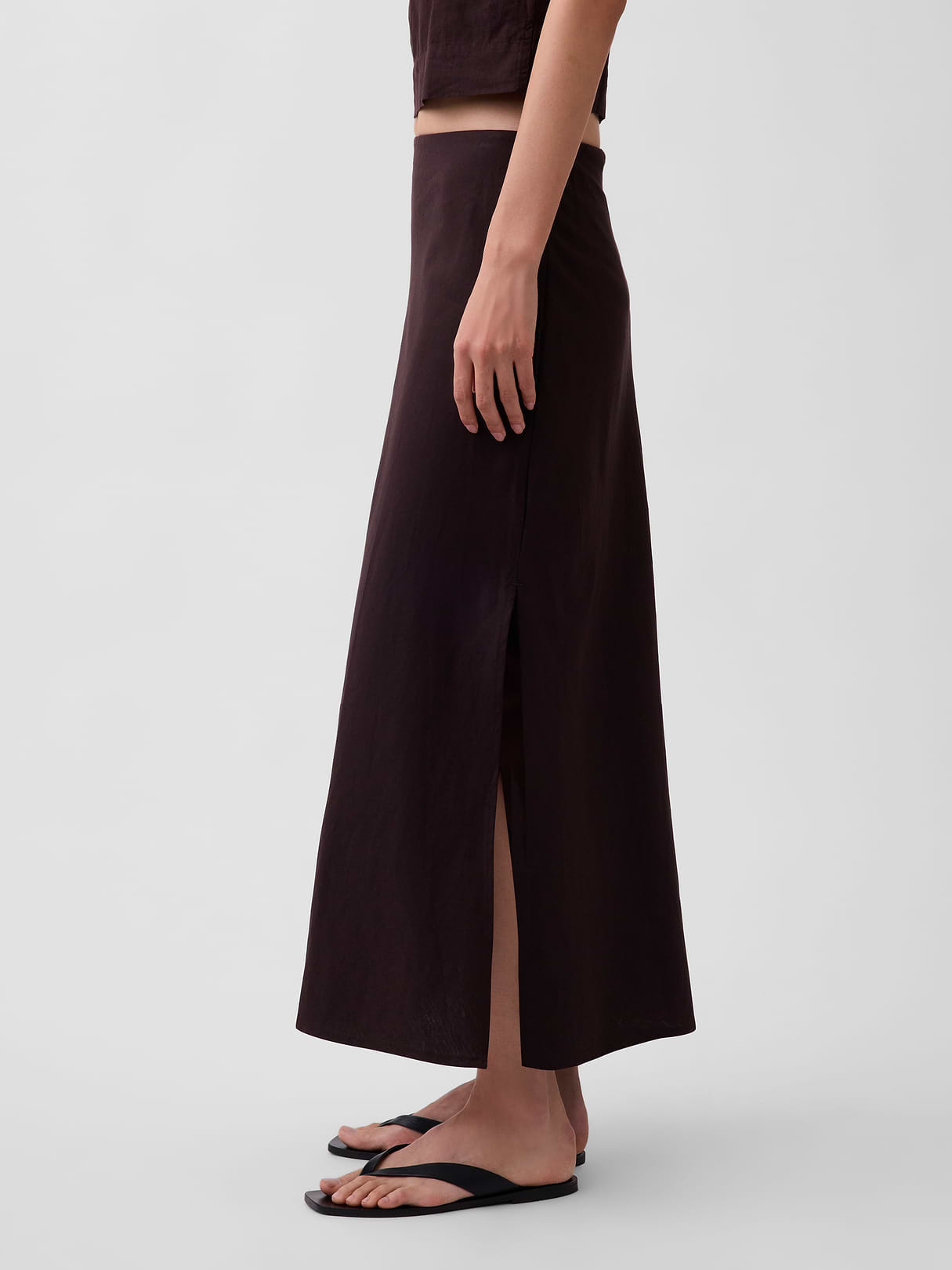 Linen-Blend Maxi Slip Skirt - Terra brown