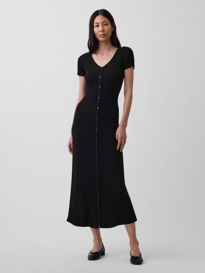100% Cotton Rib Sweater Maxi Dress - True black