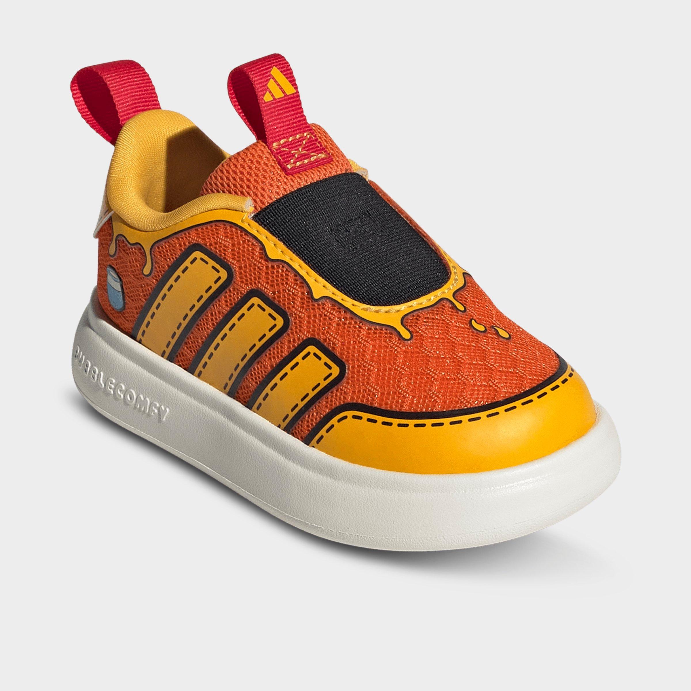 Kids' Toddler adidas x Marvel Spider-Man Bubblecomic Laceless Casual Shoes - Orange/Crew Yellow/Off White - Both shoes facing left