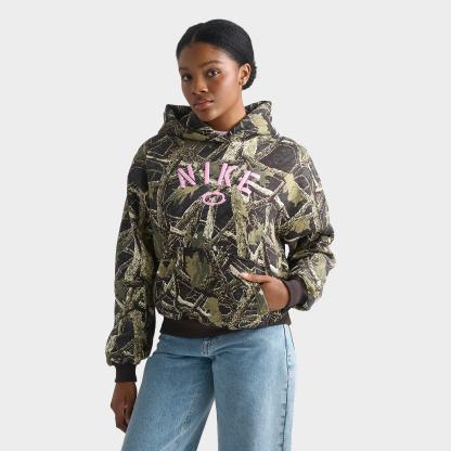 Women's Nithtke Studio Fleece Medium-Weight Camo Oversized Pullover Hoodie - Camo Green/Pink Rise