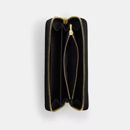 Long Zip Around Wallet With Quilting - Gold/Black - view 3