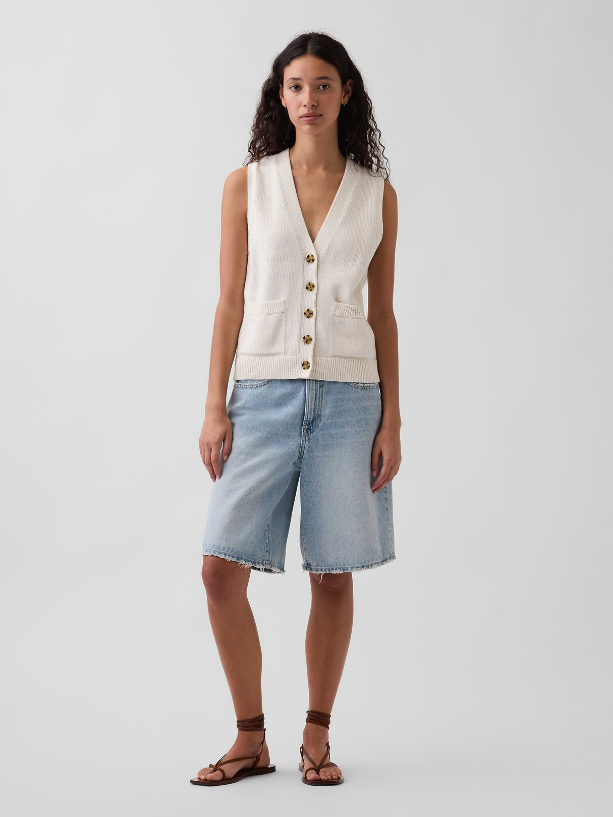 100% Cotton Pocket Sweater Vest - Ivory beige frost