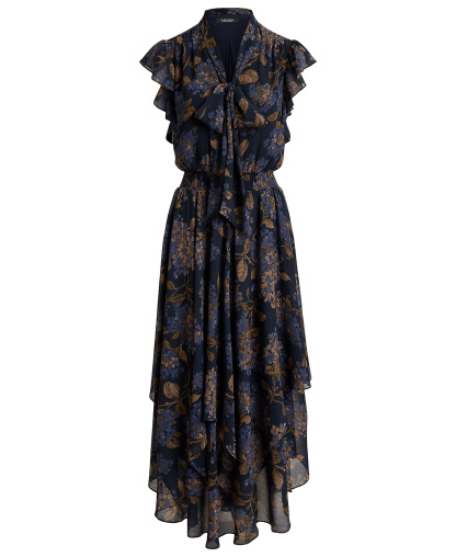Lauren Ralph Lauren Women's Floral Crinkle Georgette Tie-Neck Midi Dress - Navy Multi