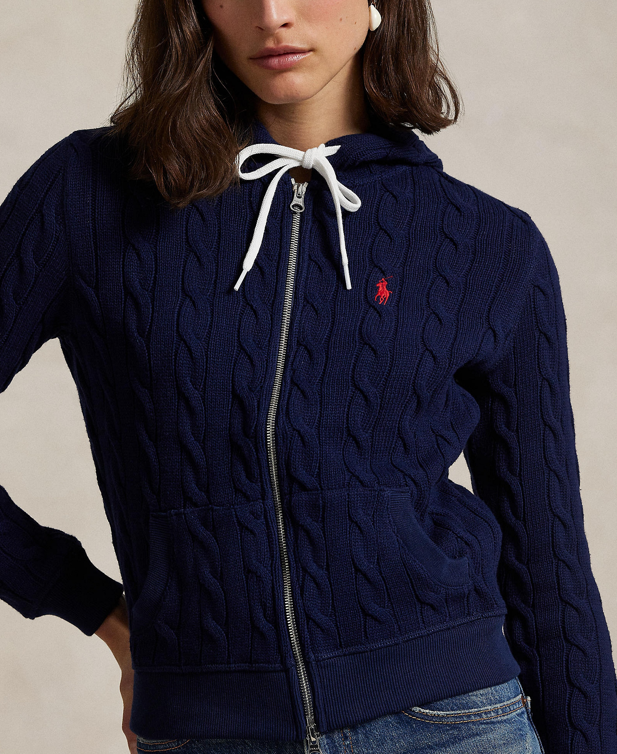 Polo Ralph Lauren Women's Cable-Knit Cotton Full-Zip Hoodie Sweater - Newport Navy