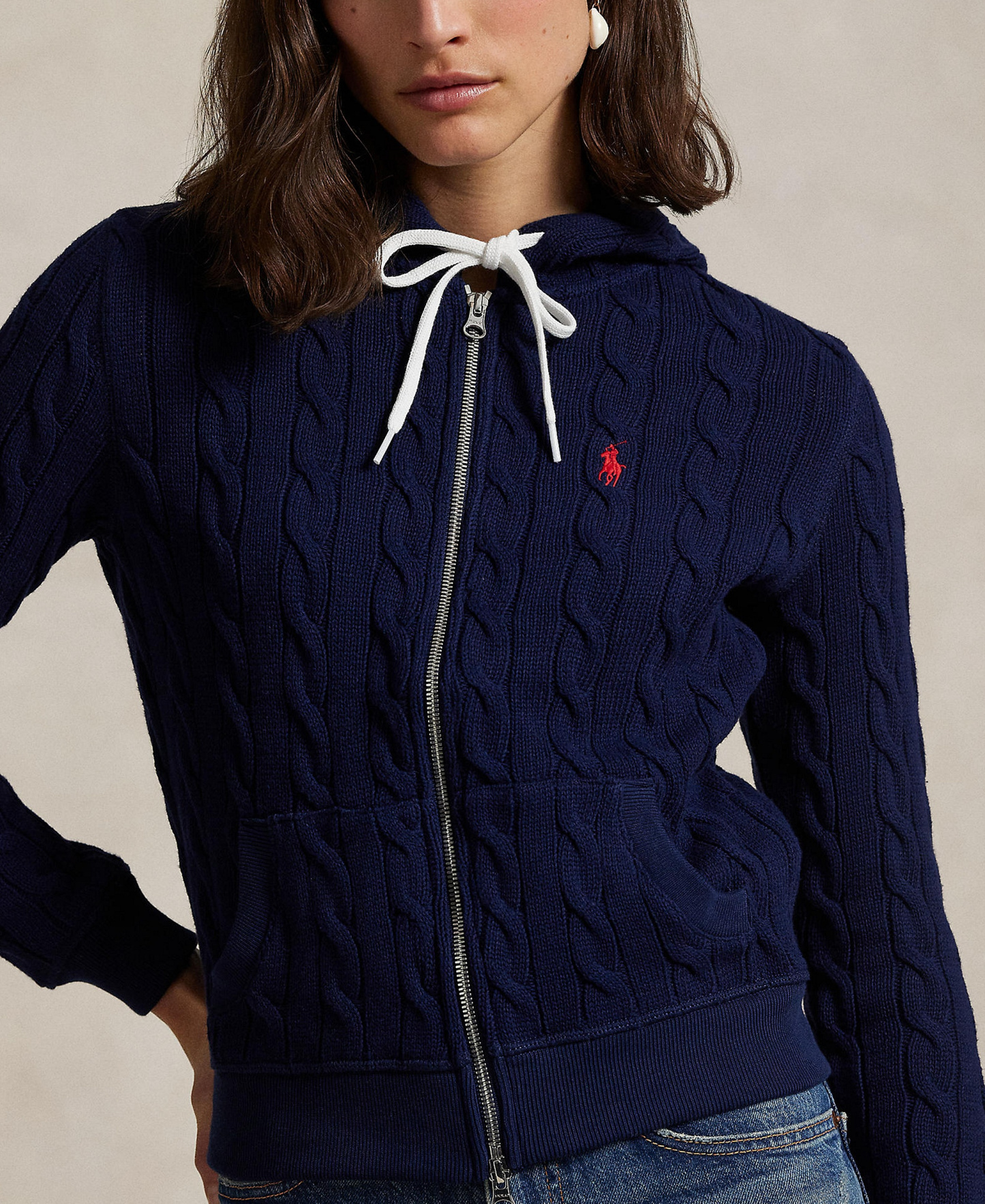 Polo Ralph Lauren Women's Cable-Knit Cotton Full-Zip Hoodie Sweater - Newport Navy
