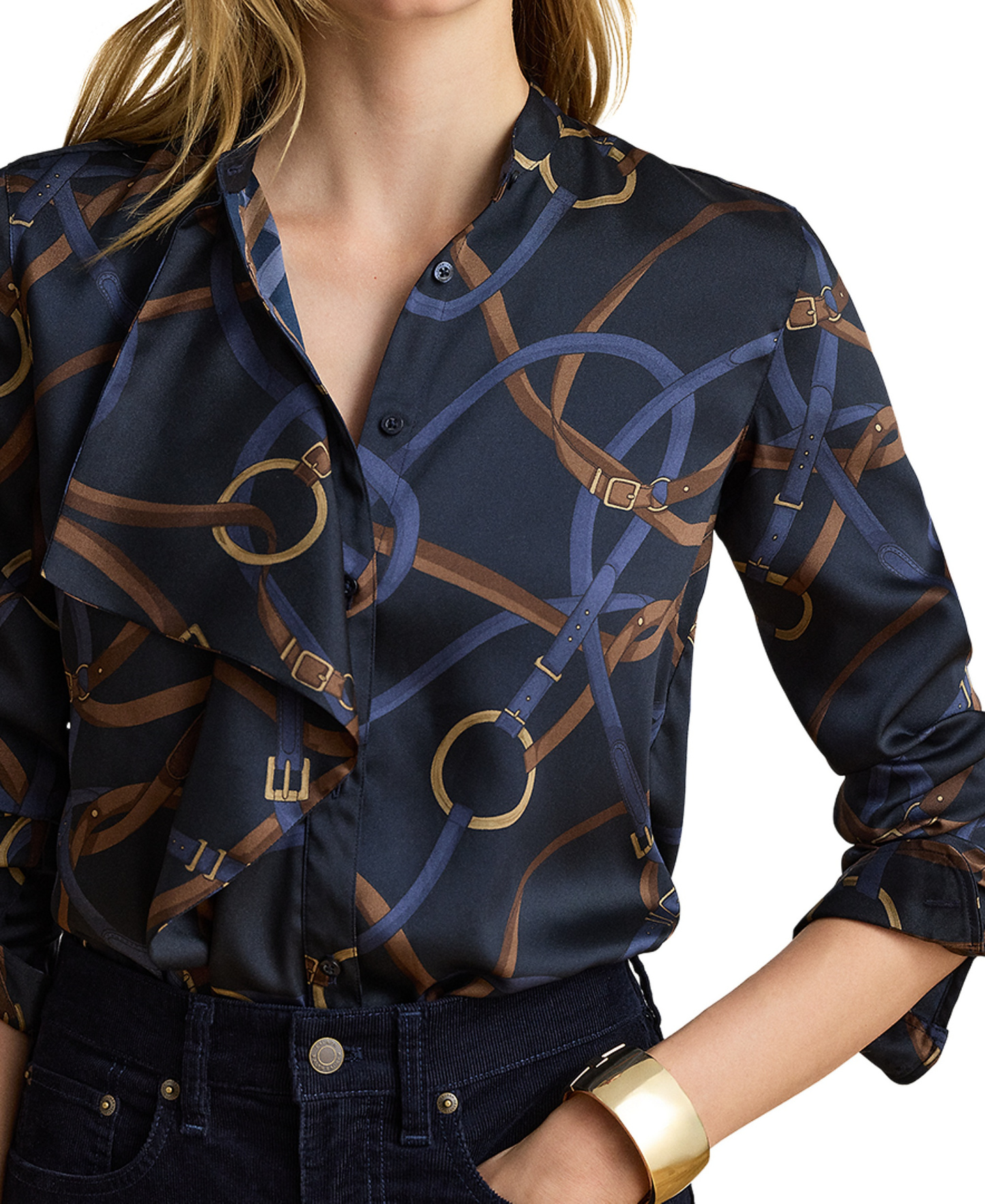Lauren Ralph Lauren Women's Belting-Print Ruffle-Trim Twill Shirt - Navy Multi