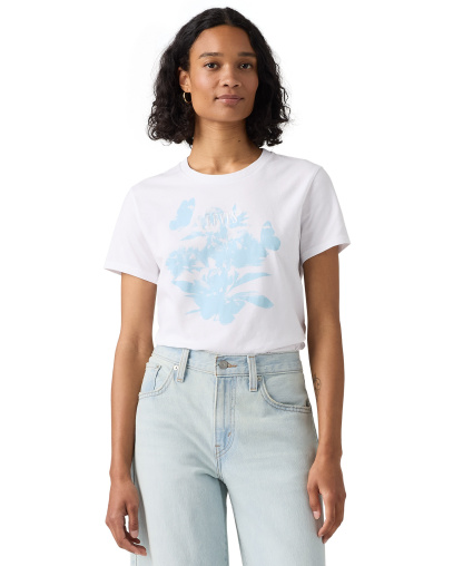 Levi's Women's Perfect Graphic Logo Cotton T-Shirt - Blur Florals With Serif Emb Bright White