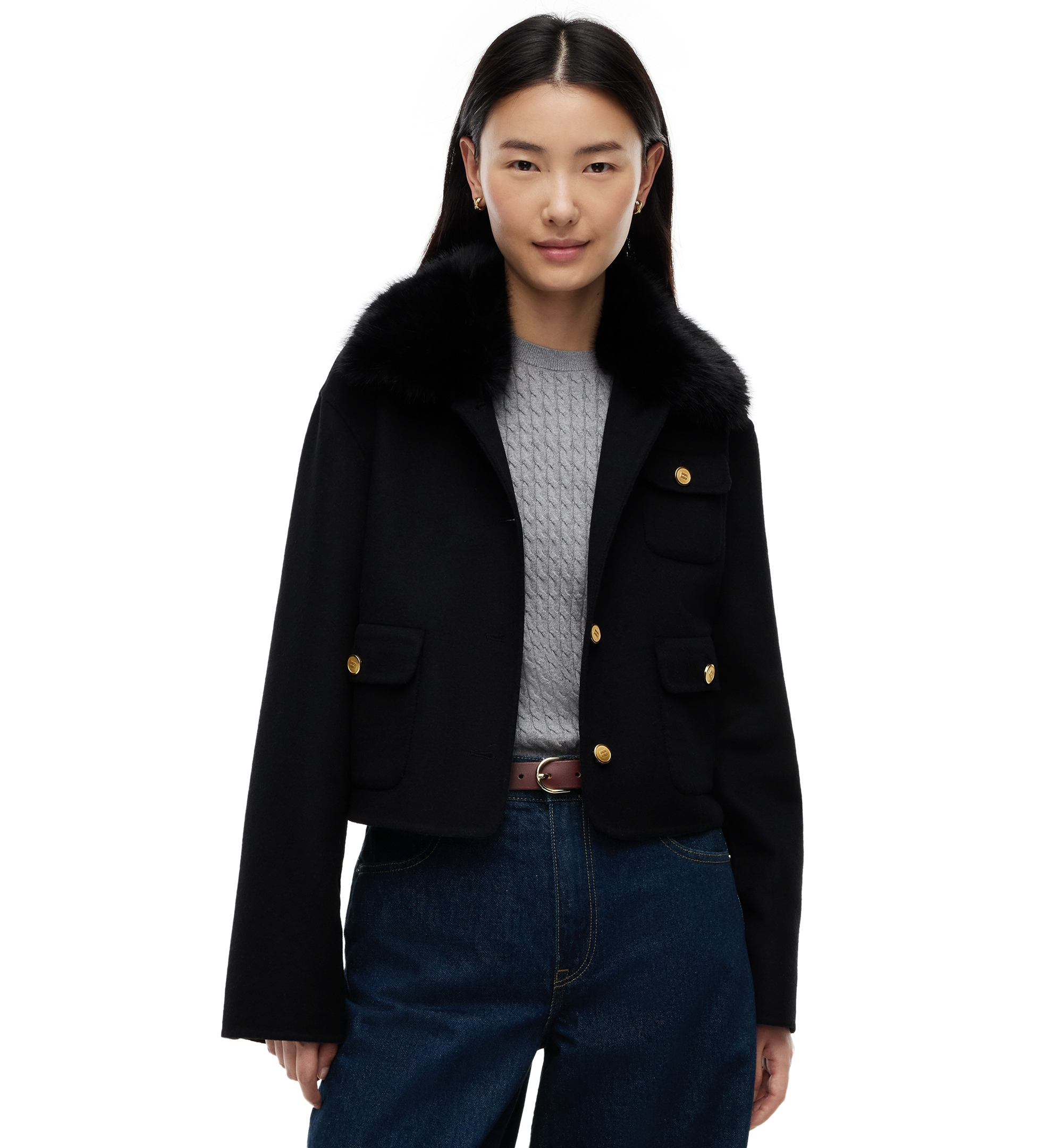 Tommy Hilfiger Women's Wool-Blend Cropped Jacket with Faux Fur - Black