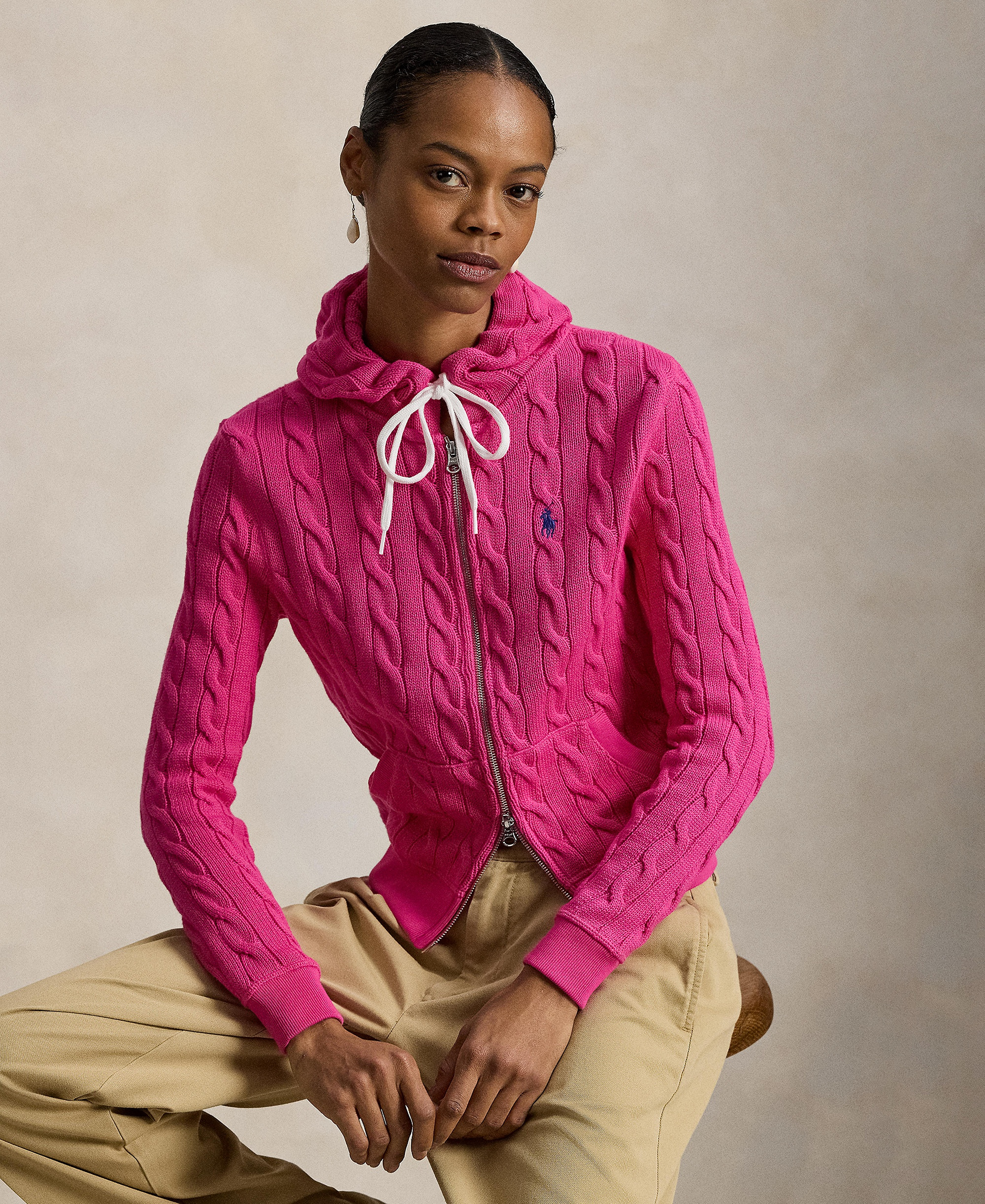 Polo Ralph Lauren Women's Cable-Knit Cotton Full-Zip Hoodie Sweater - Accent Pink