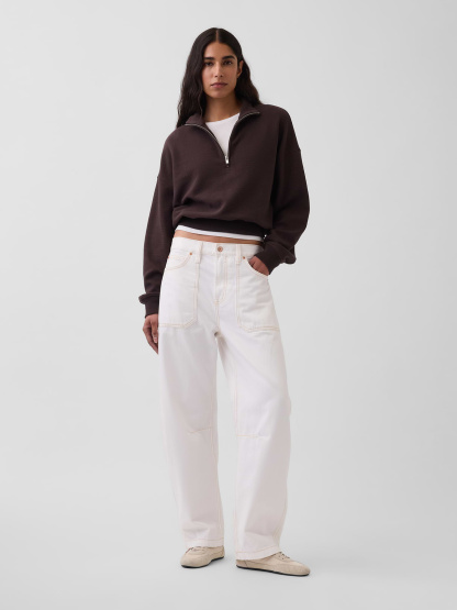 Textured Cotton Oversized Half-Zip Pullover - Terra brown