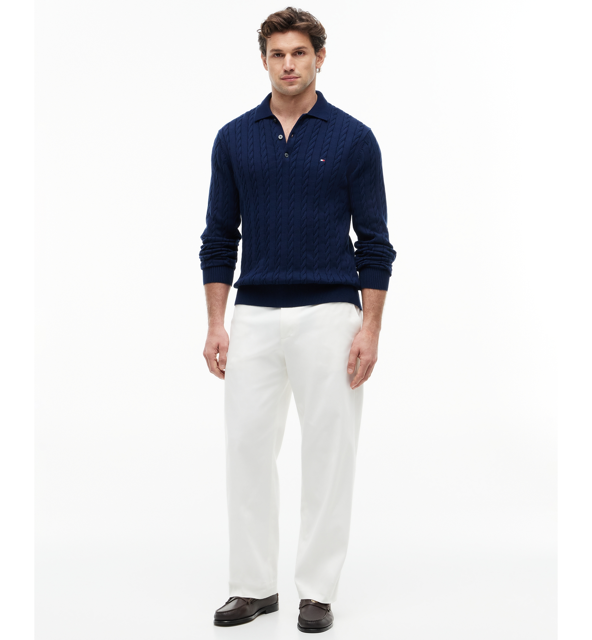 Tommy Hilfiger Men's Classic Cotton Cable-Knit Regular-Fit Sweater Polo - Navy Blue