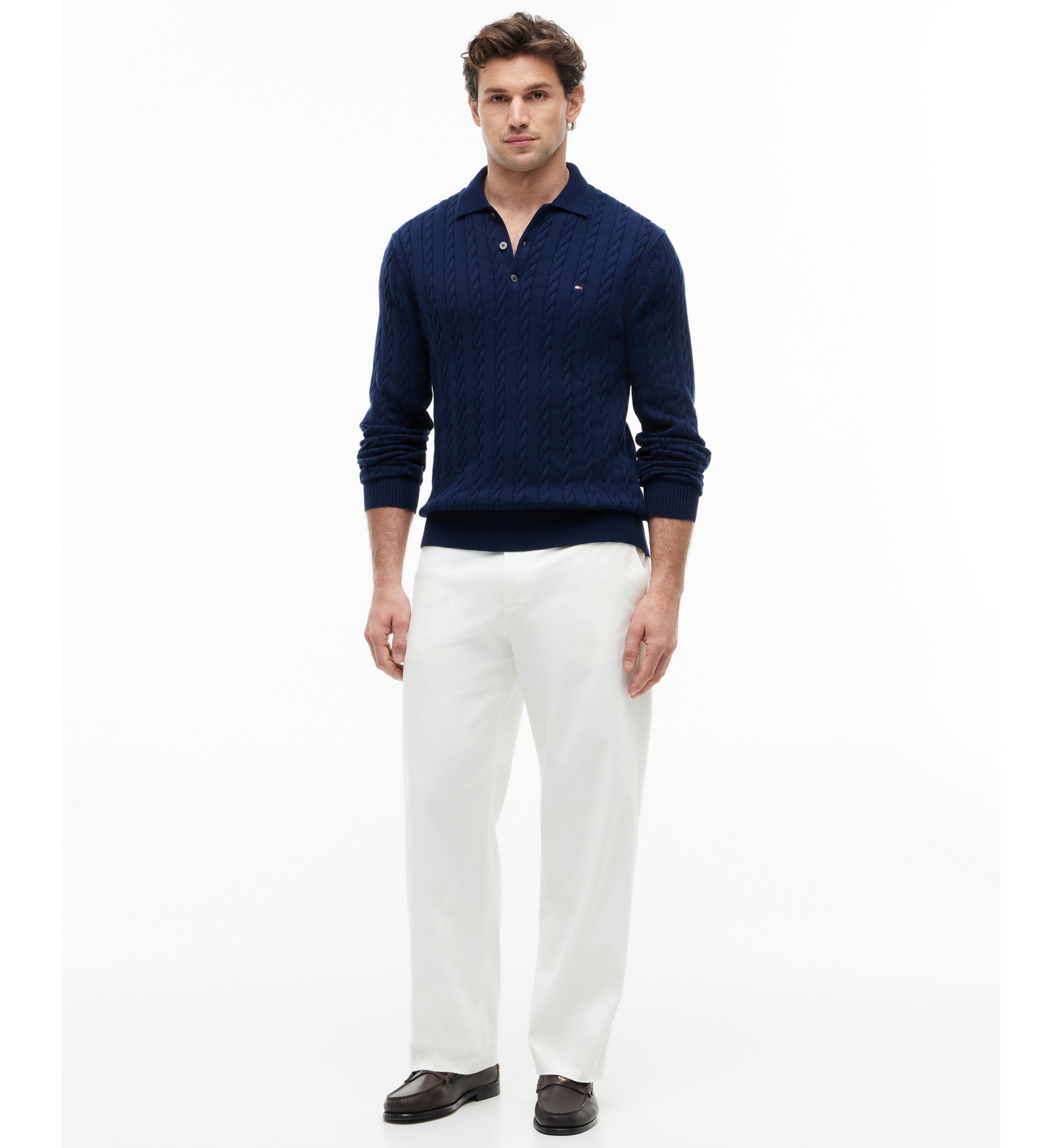Tommy Hilfiger Men's Classic Cotton Cable-Knit Regular-Fit Sweater Polo - Navy Blue