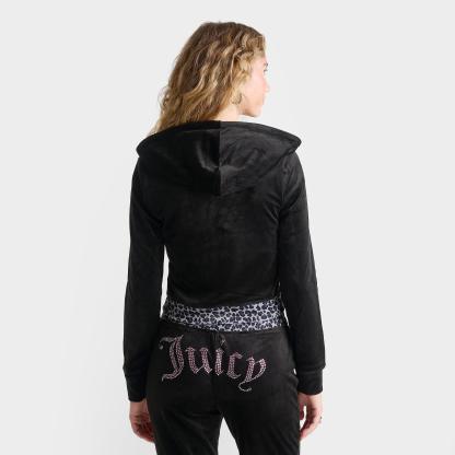 Women's Juicy Couture Bling Front Leopard Print Full-Zip Hoodie - Black/Leopard