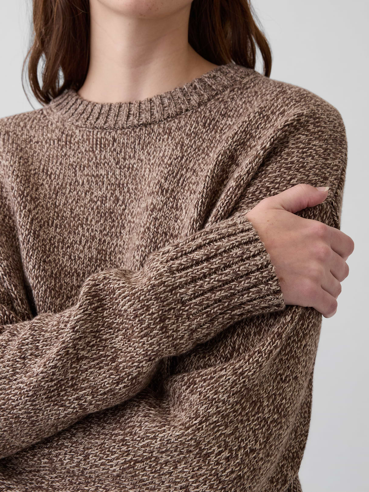 100% Cotton Oversized Crop Sweater - Neutral brown marl