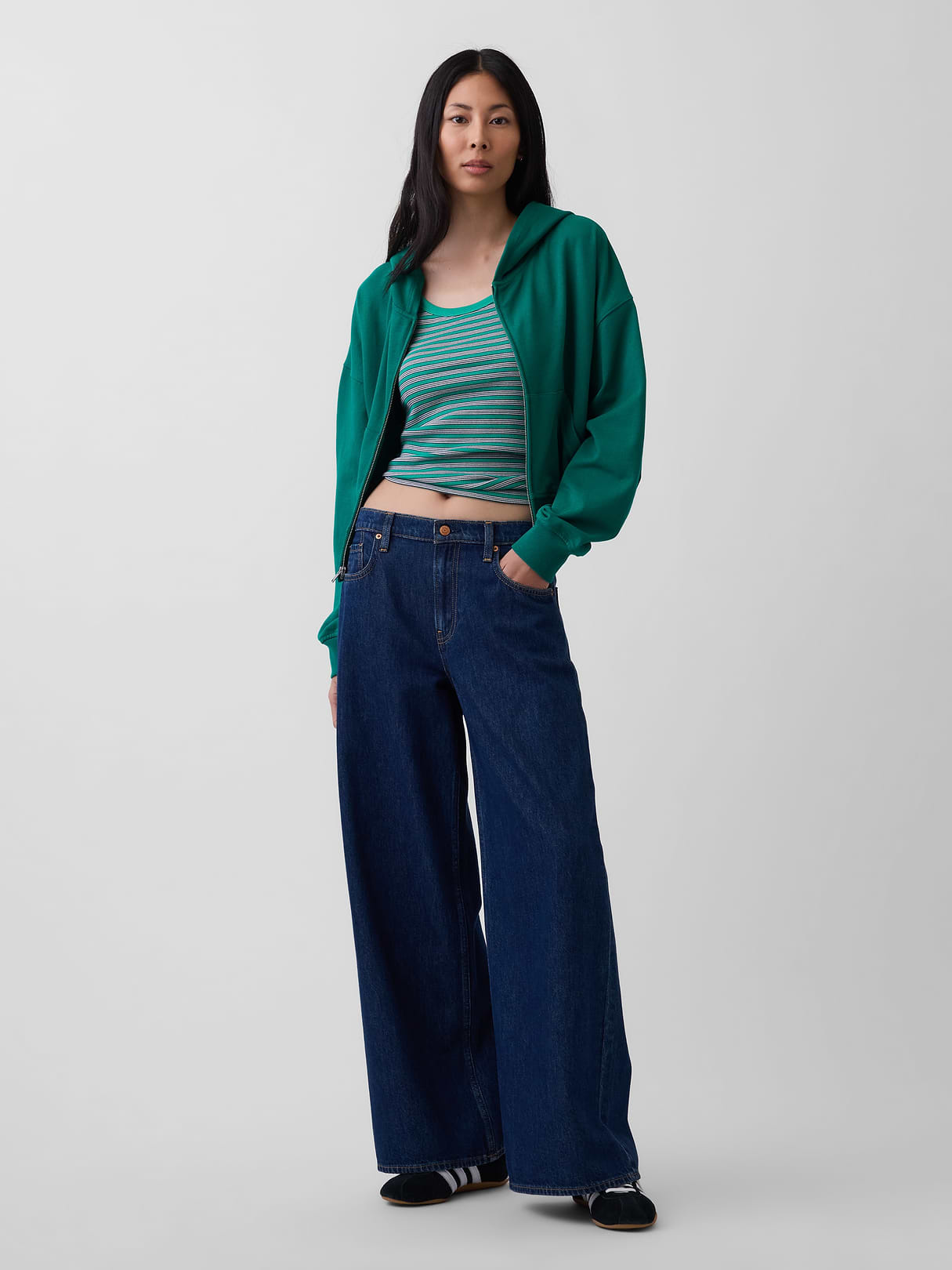 VintageSoft Terry Oversized Wedge Zip Hoodie - Baize green
