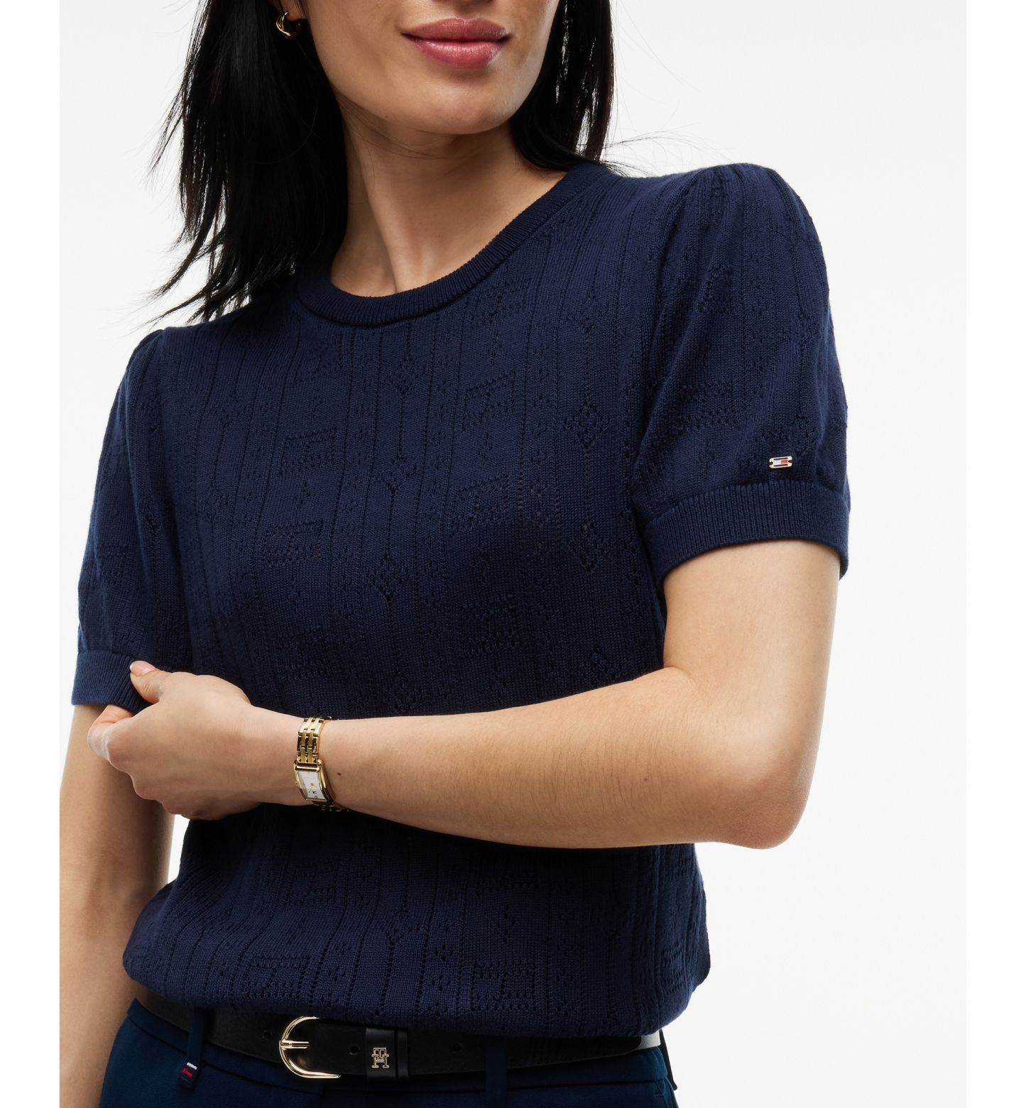 Tommy Hilfiger Women's Pointelle Puff-Sleeve Sweater - Dark Blue