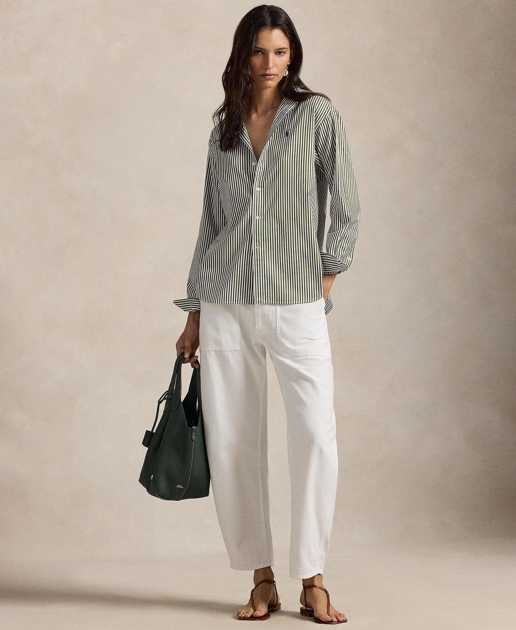 Polo Ralph Lauren Women's Relaxed-Fit Striped Cotton Shirt - Supply Olive/White
