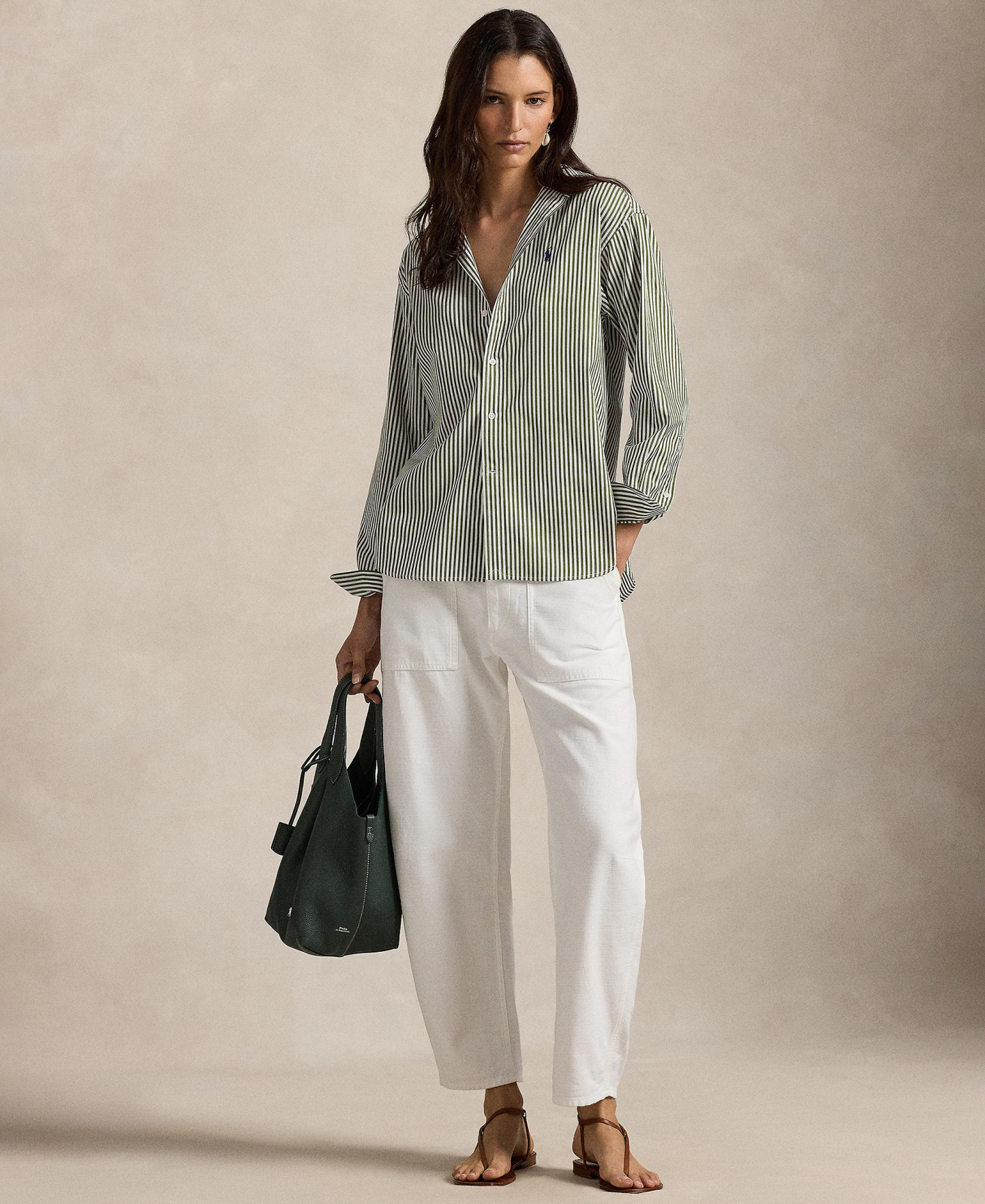 Polo Ralph Lauren Women's Relaxed-Fit Striped Cotton Shirt - Supply Olive/White