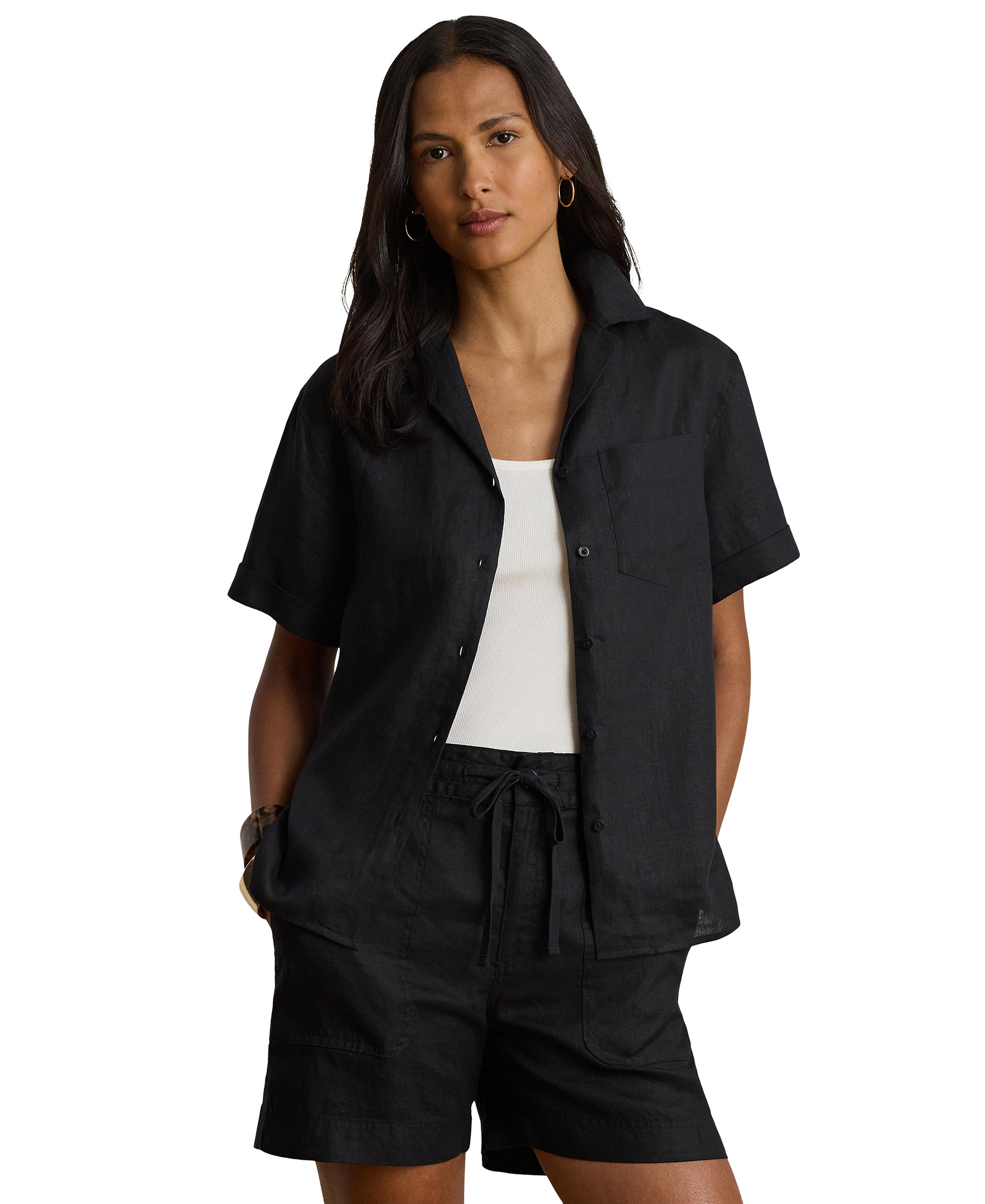 Lauren Ralph Lauren Women's Linen Short-Sleeve Camp Shirt - Black