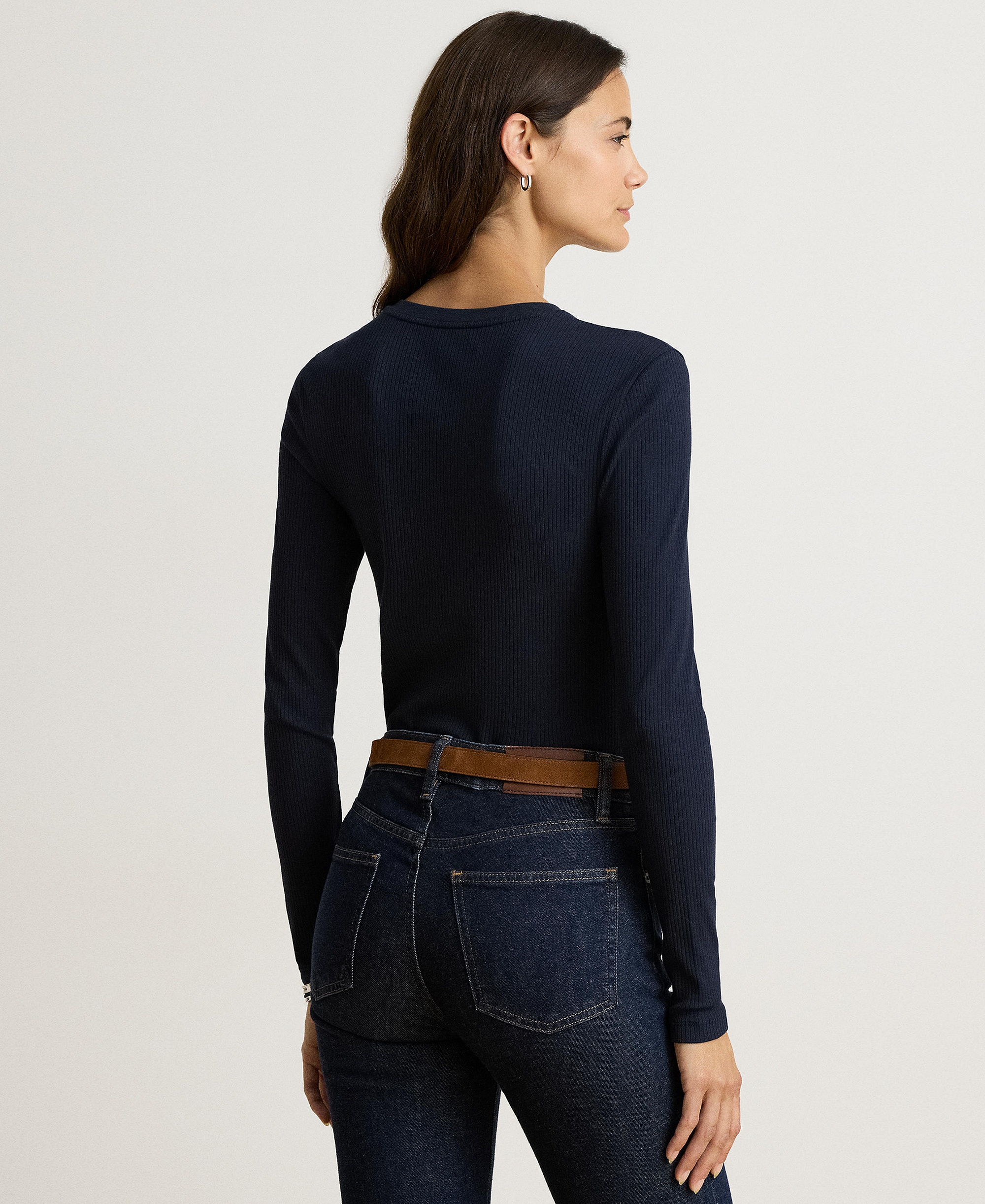 Lauren Ralph Lauren Women's Rib-Knit Long-Sleeve V-Neck Top - Lauren Navy