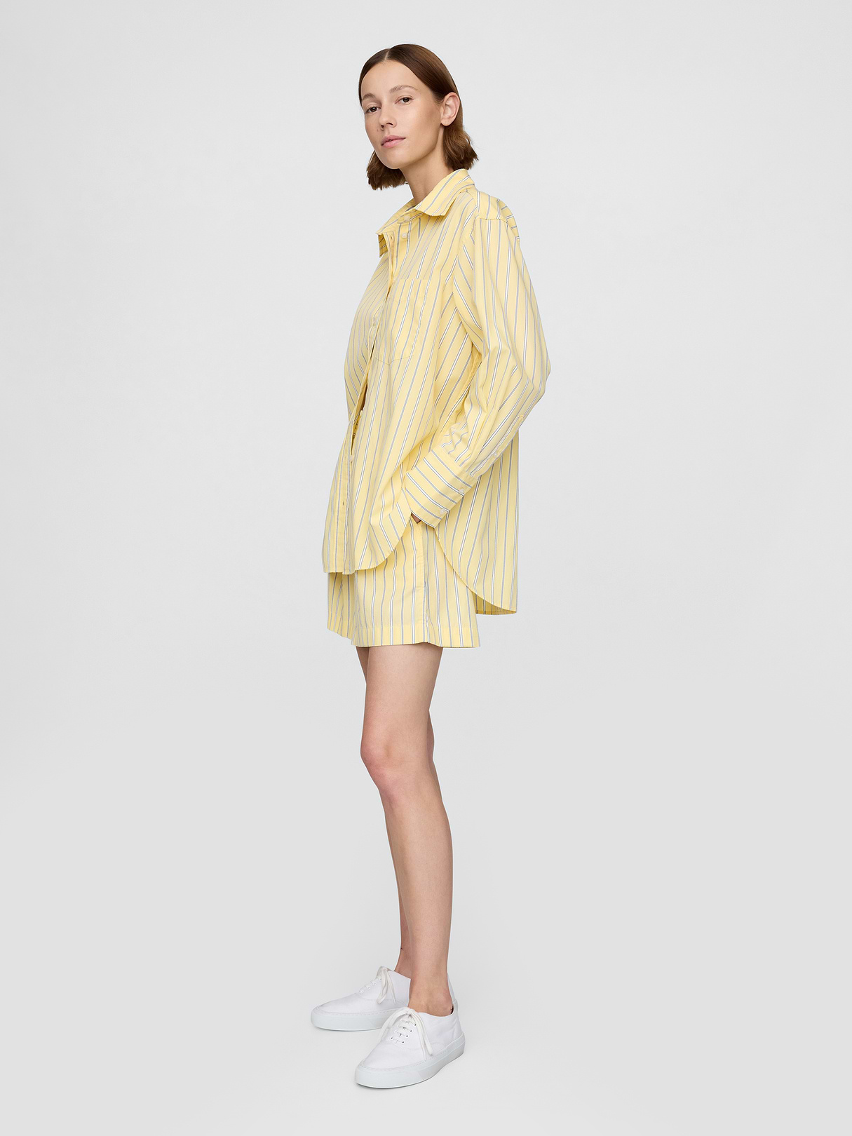 Organic Cotton Poplin Stripe Big Shirt - Yellow stripe