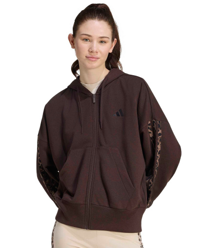 adidas Women's Seasonal Essentials Animal Print 3-Stripes Hooded Track Jacket - Aurora Coffee/Multicolor/Preloved Brown
