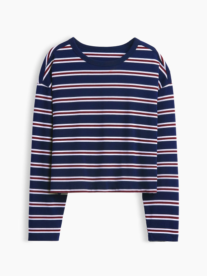 Knit Oversized Crop T-Shirt - White & navy blue stripe