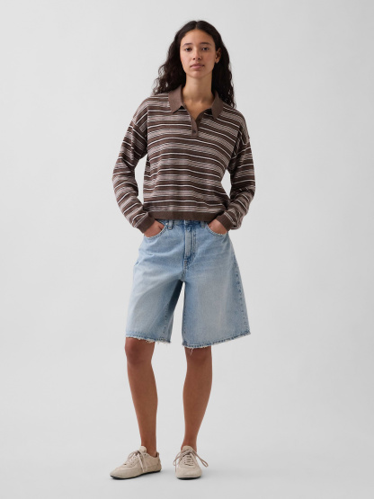 100% Cotton Relaxed Polo Sweater - Brown stripe