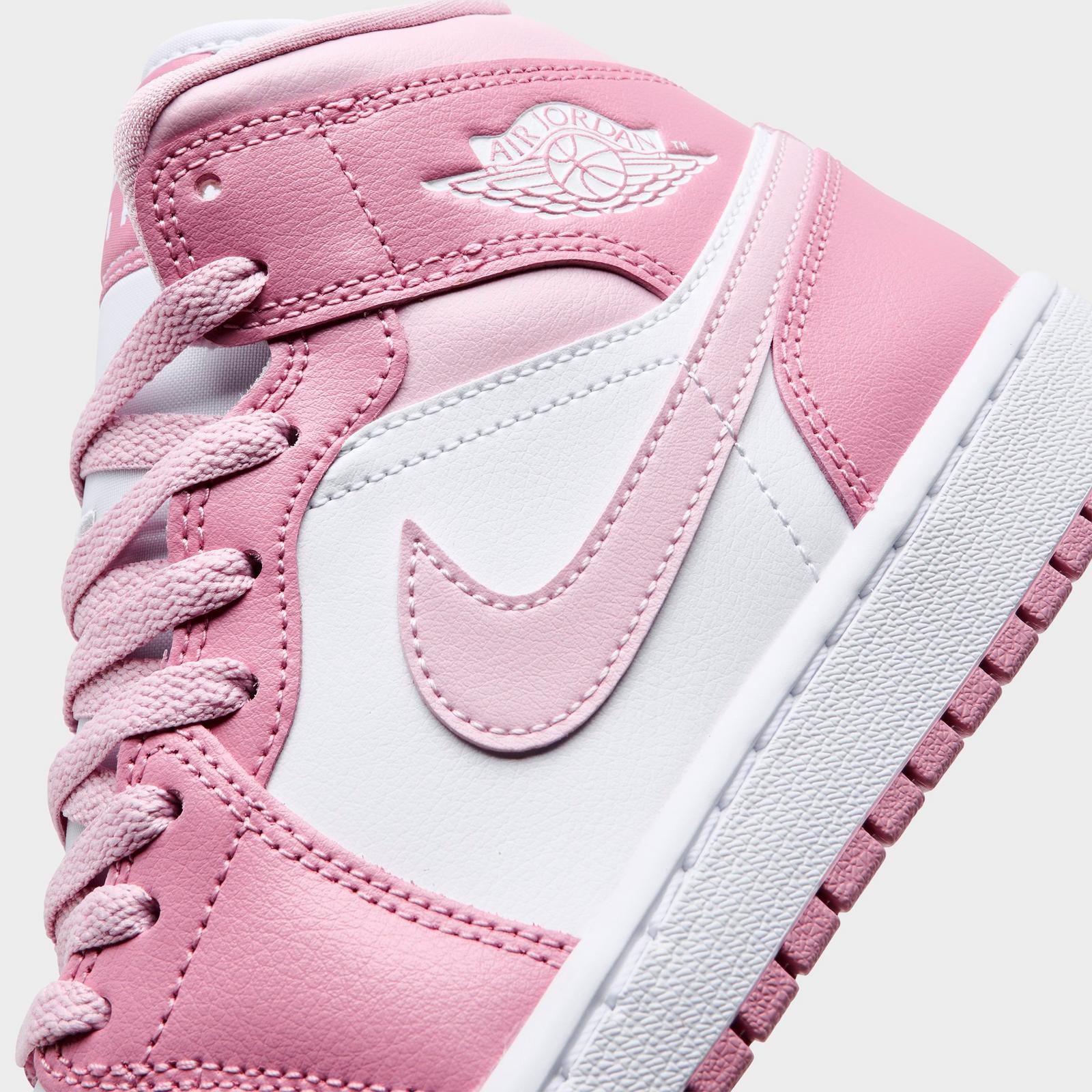 Women's Air Jordan Retro 1 Mid Casual Shoes - Elemental Pink/Iced Carmine/Coconut Milk/Sai - Left shoe facing left. Outside of the shoe. - view 3