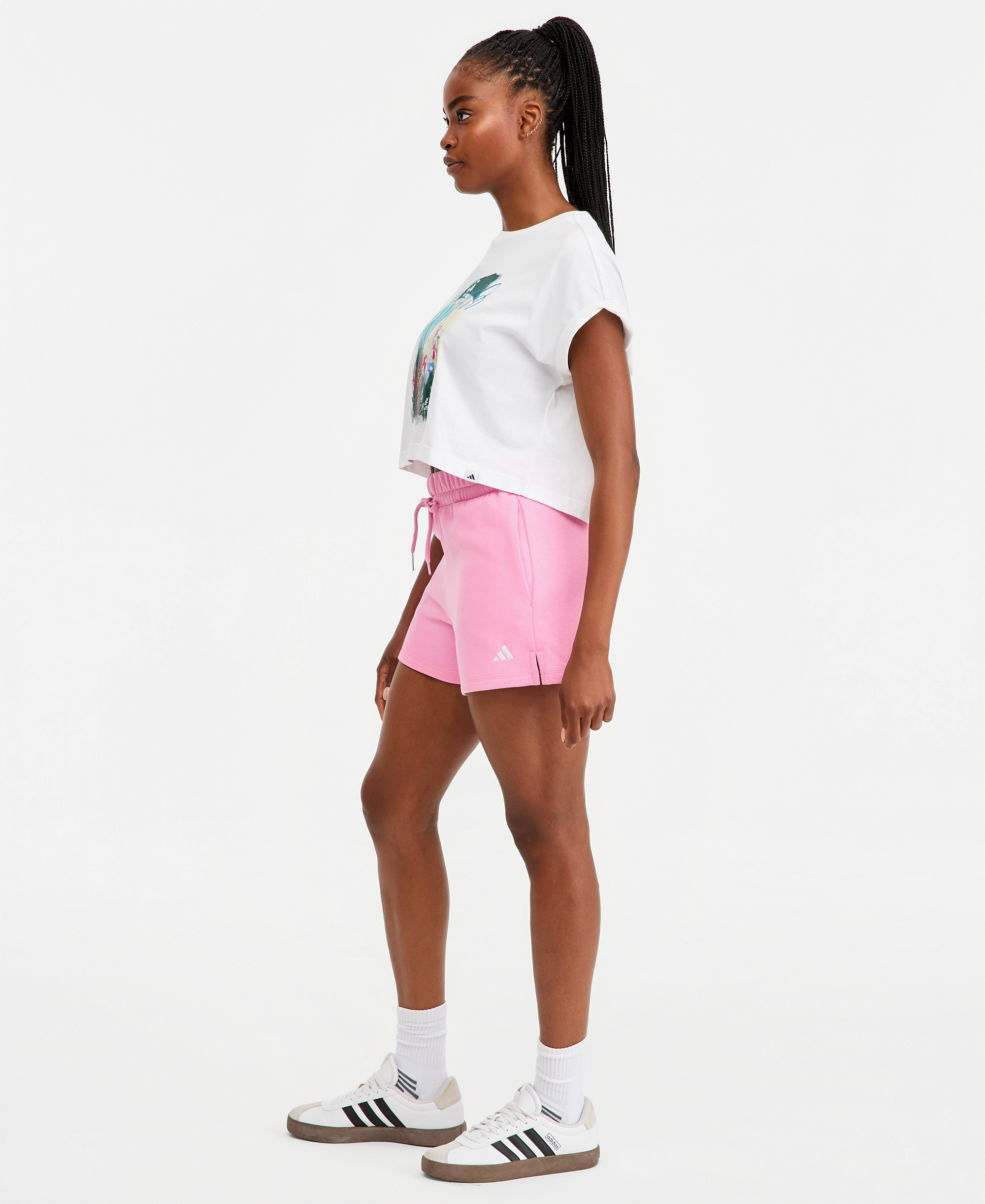 adidas Women's Essentials Small Logo Fleece Shorts - Clear Pink/White
