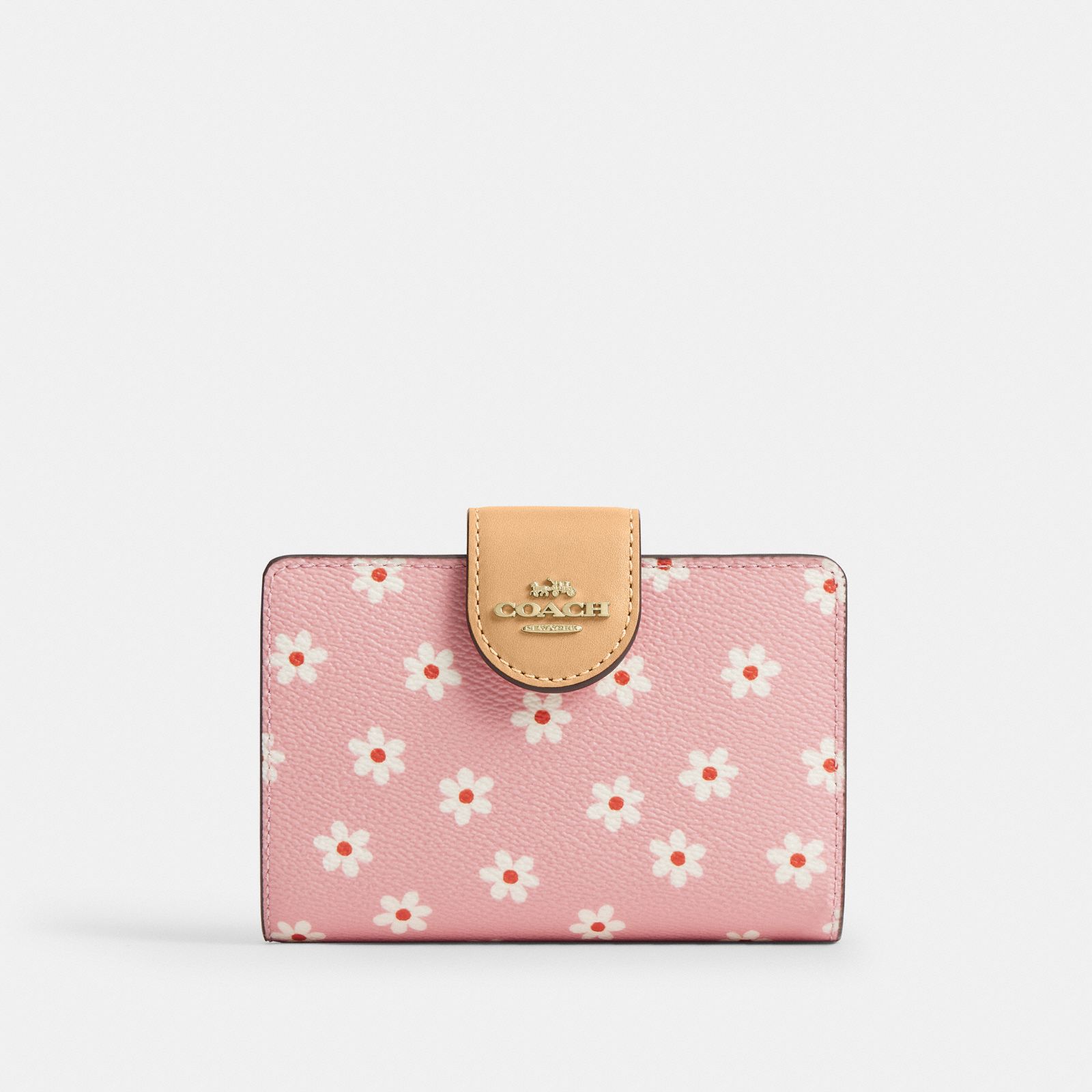 Medium Corner Zip Wallet With Floral Print - Gold/Pink Multi