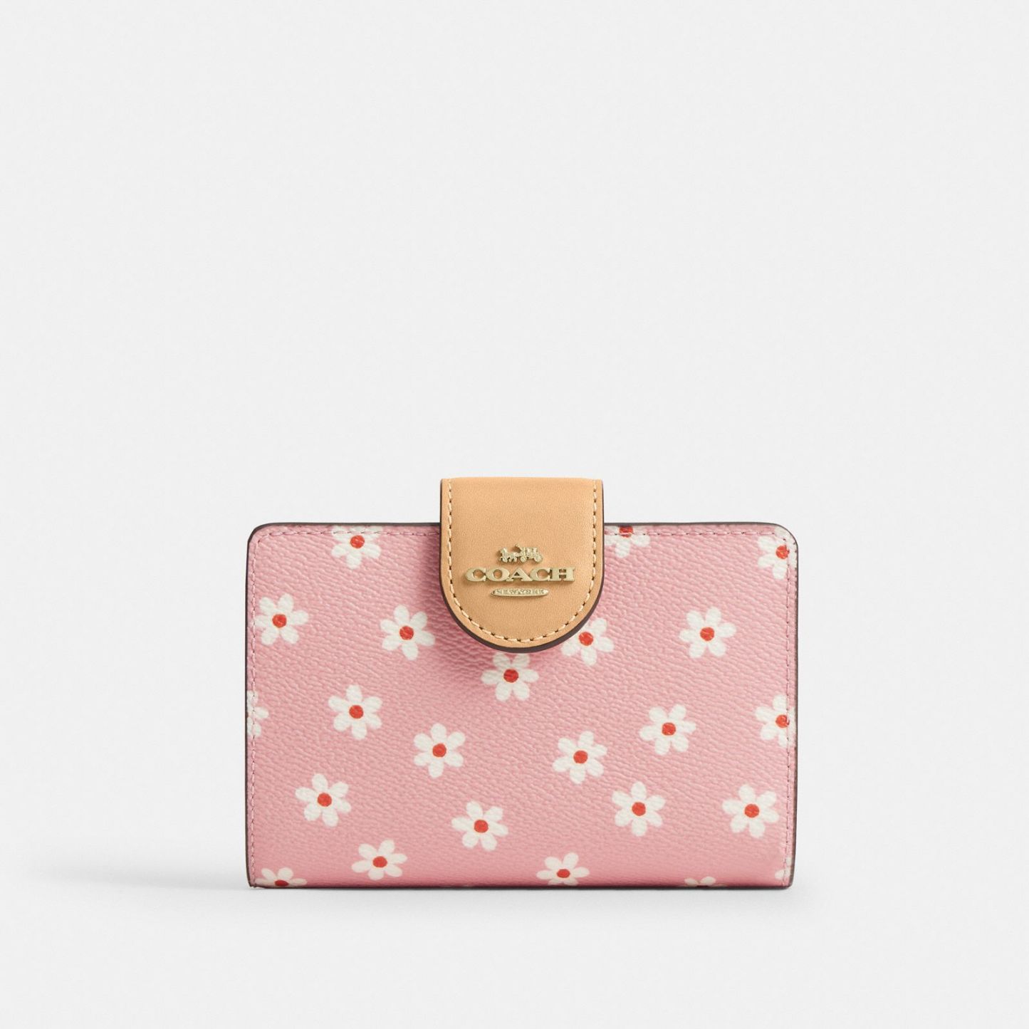 Medium Corner Zip Wallet With Floral Print - Gold/Pink Multi