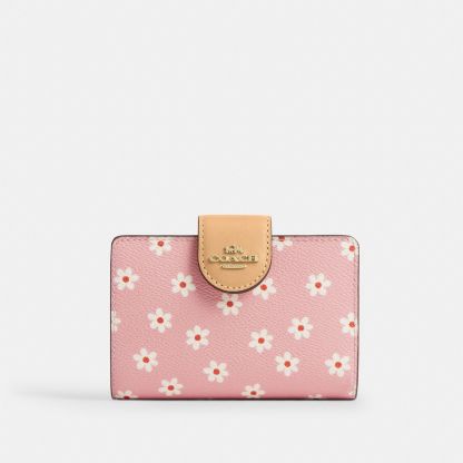 Medium Corner Zip Wallet With Floral Print - Gold/Pink Multi