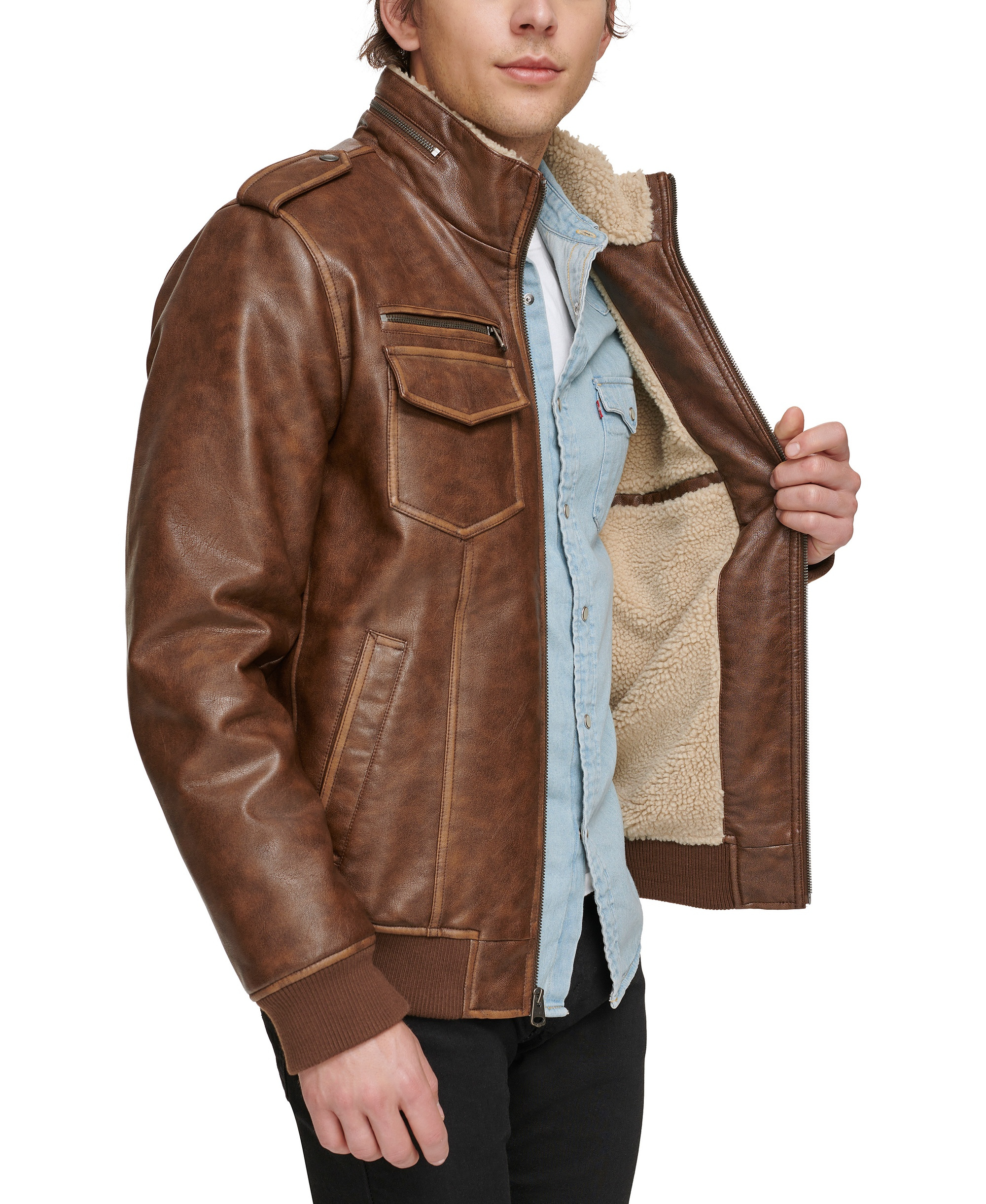 Levi's Men's Sherpa Lined Faux Leather Aviator Bomber - Saddle