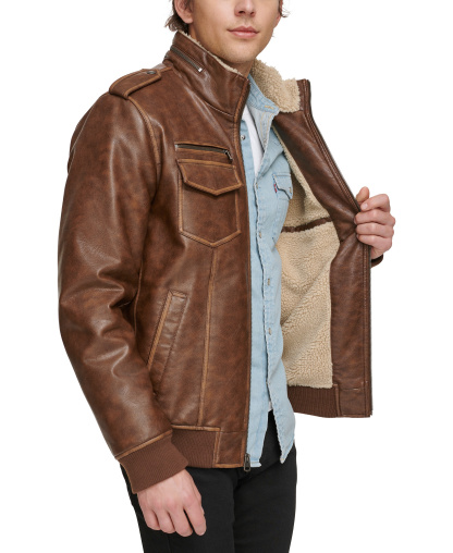 Levi's Men's Sherpa Lined Faux Leather Aviator Bomber - Saddle