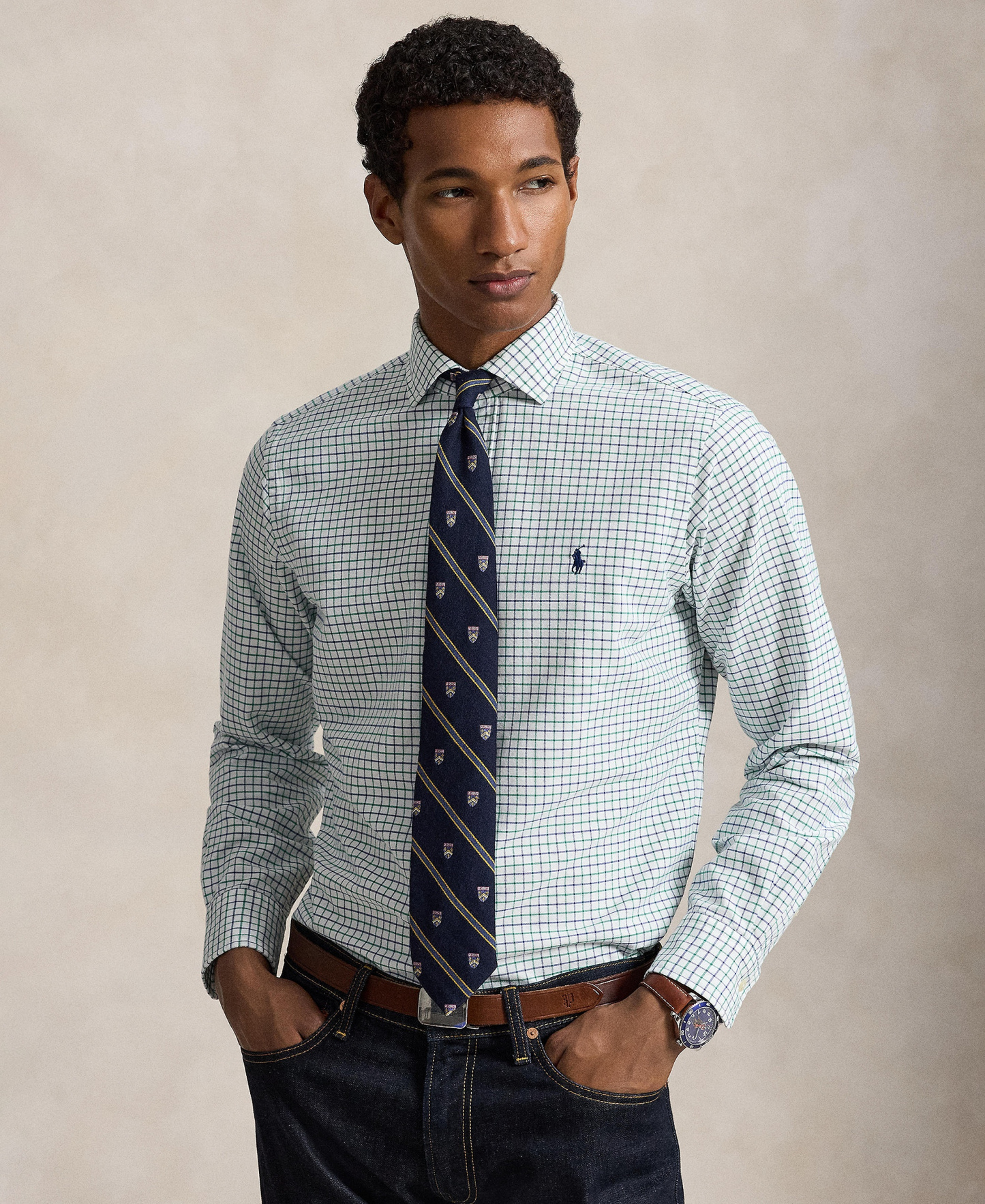 Polo Ralph Lauren Men's Classic-Fit Plaid Brushed Oxford Shirt - White Green Multi