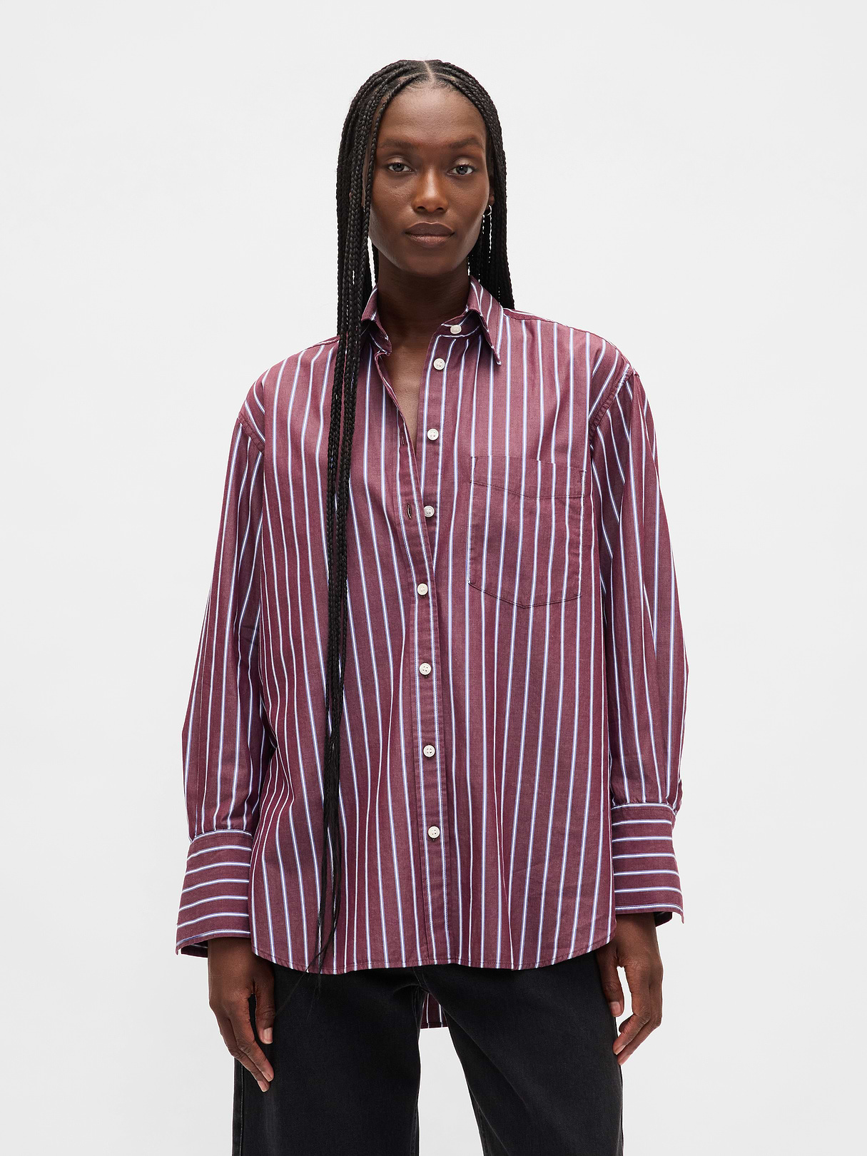 Organic Cotton Poplin Stripe Big Shirt - Purple burgundy stripe