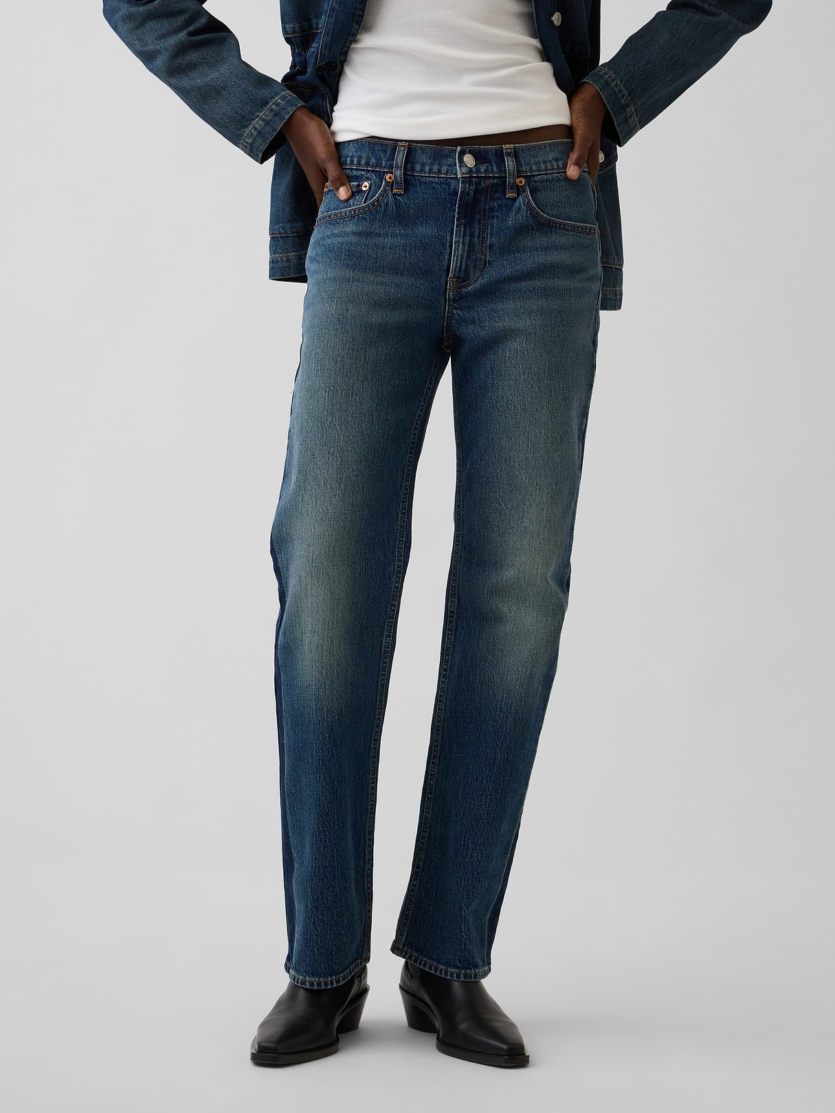 Mid Rise Relaxed Straight Jeans - Dark wash indigo