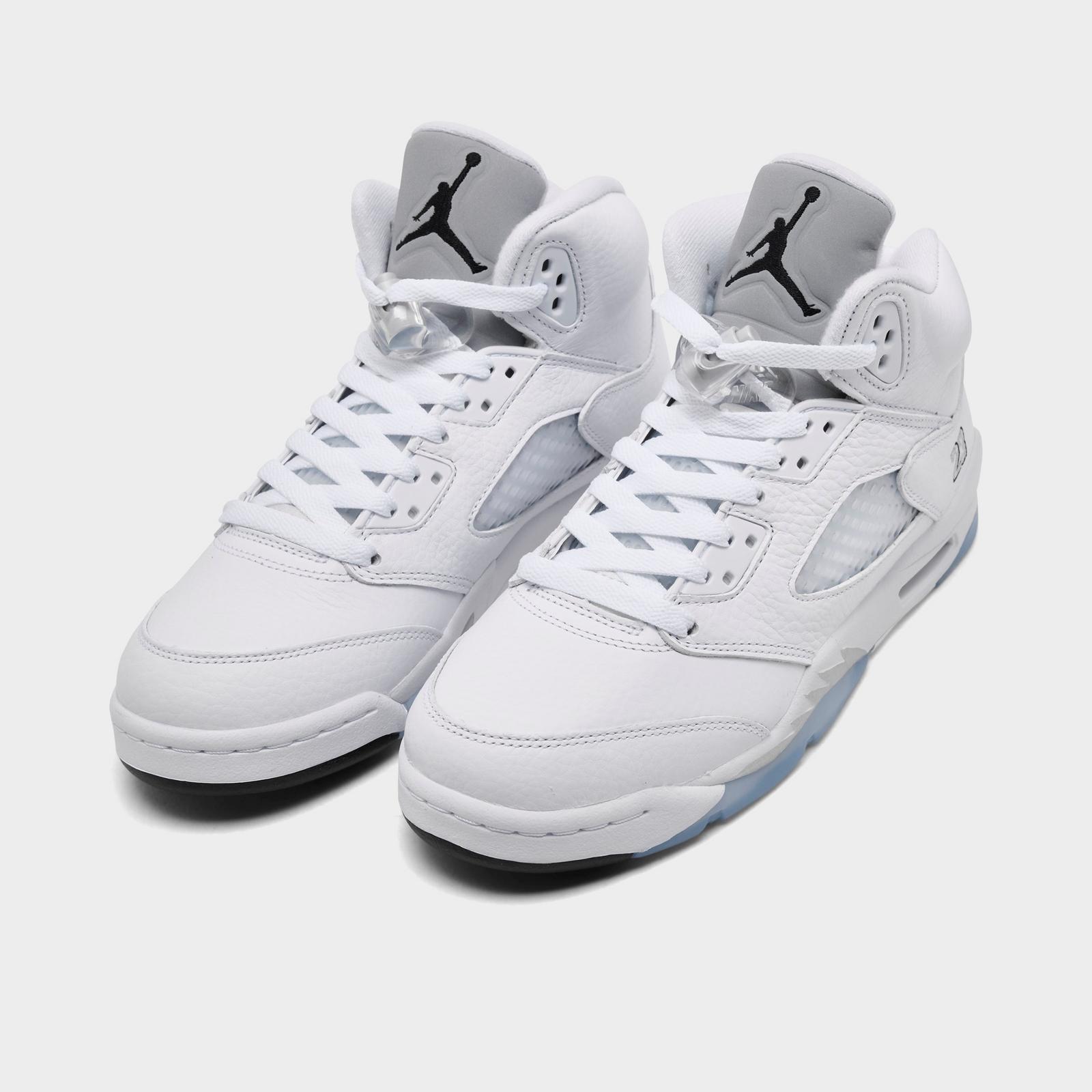 Big Kids' Air Jordan Retro 5 Basketball Shoes - White/Metallic Silver/Black - Left shoe facing left. Outside of the shoe. - view 2