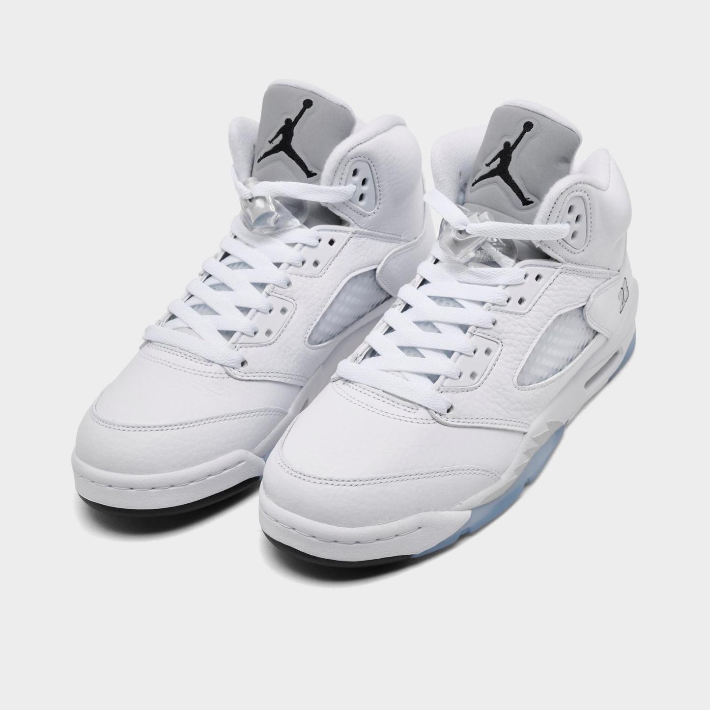 Big Kids' Air Jordan Retro 5 Basketball Shoes - White/Metallic Silver/Black - Left shoe facing left. Outside of the shoe. - view 2